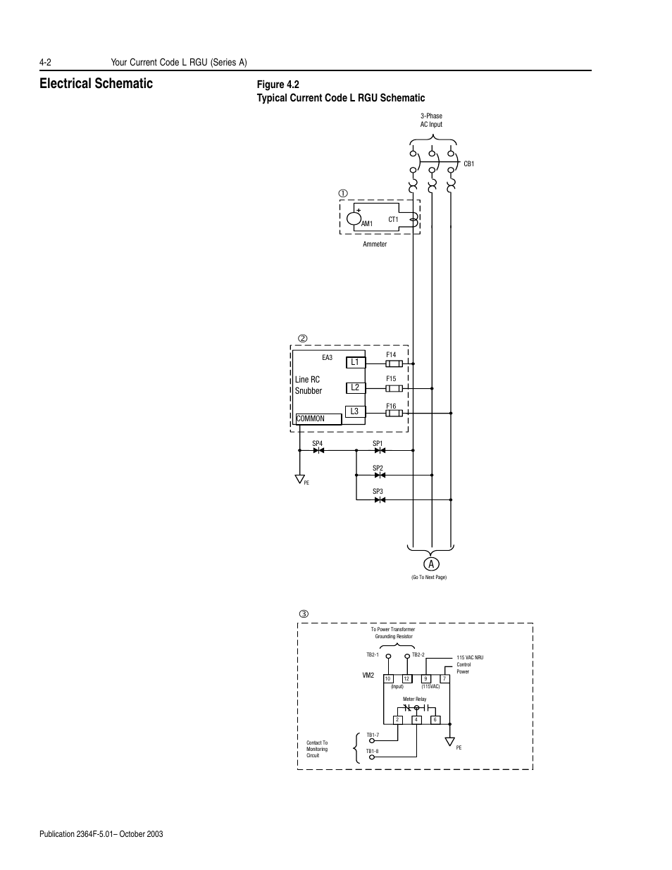 Electrical schematic, Electrical schematic -2, Figure 4.2 typical current code l rgu schematic | 2 your current code l rgu (series a) | Rockwell Automation 2364F Regenerative DC Bus Supply Unit (RGU) User Manual | Page 54 / 222