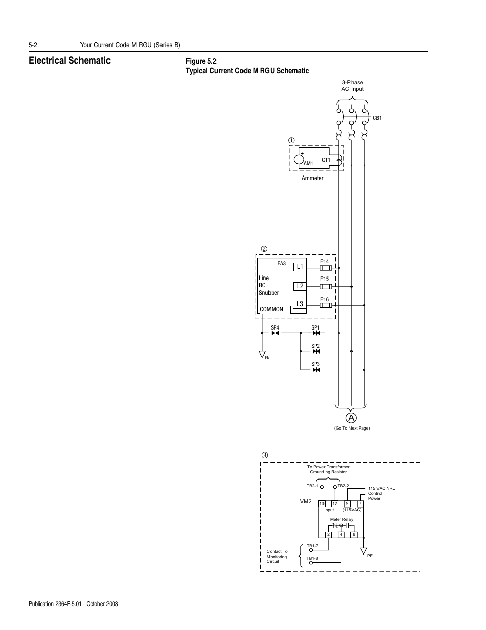 Electrical schematic, Electrical schematic -2, Figure 5.2 typical current code m rgu schematic | 2 your current code m rgu (series b) | Rockwell Automation 2364F Regenerative DC Bus Supply Unit (RGU) User Manual | Page 60 / 222