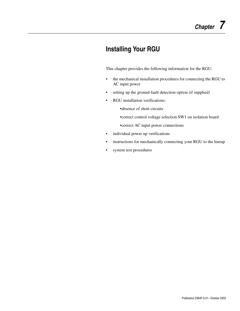 Chapter 7, Installing your rgu, Chapter | Rockwell Automation 2364F Regenerative DC Bus Supply Unit (RGU) User Manual | Page 71 / 222