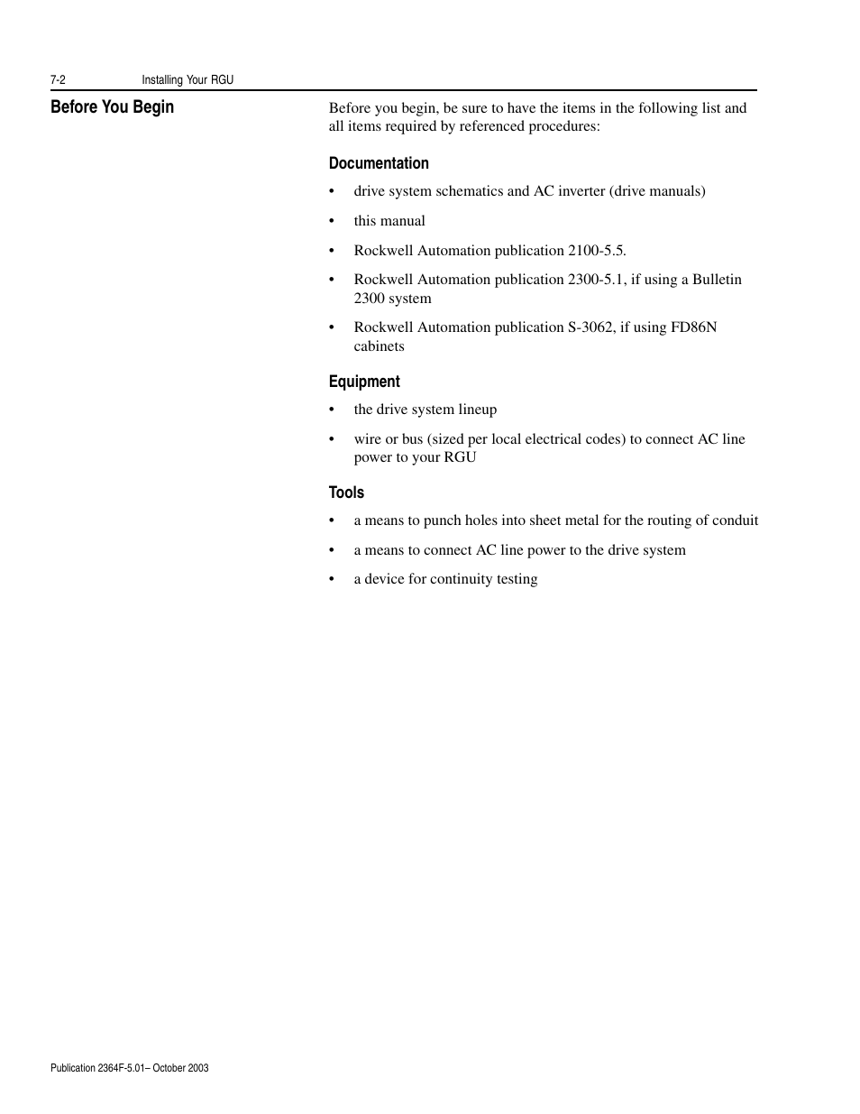 Before you begin, Documentation, Equipment | Tools, Before you begin -2, Documentation -2 equipment -2 tools -2 | Rockwell Automation 2364F Regenerative DC Bus Supply Unit (RGU) User Manual | Page 72 / 222