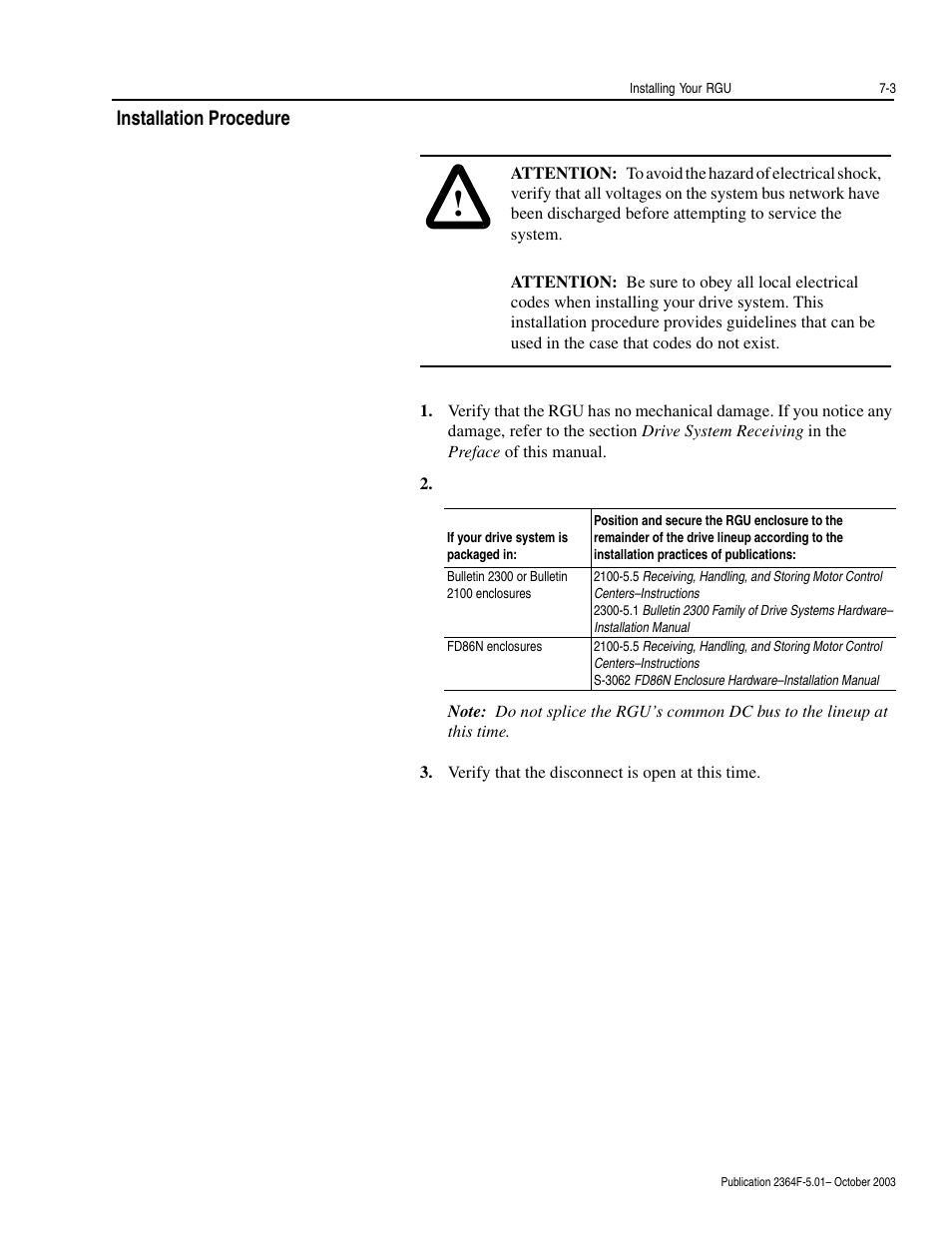 Installation procedure, Installation procedure -3 | Rockwell Automation 2364F Regenerative DC Bus Supply Unit (RGU) User Manual | Page 73 / 222