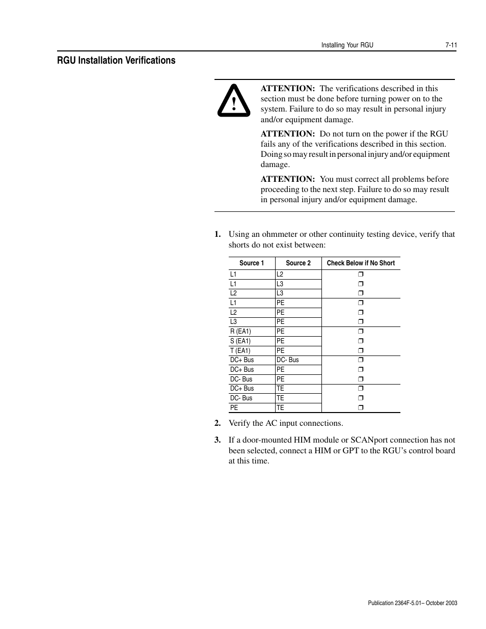 Rgu installation verifications, Rgu installation verifications -11 | Rockwell Automation 2364F Regenerative DC Bus Supply Unit (RGU) User Manual | Page 81 / 222