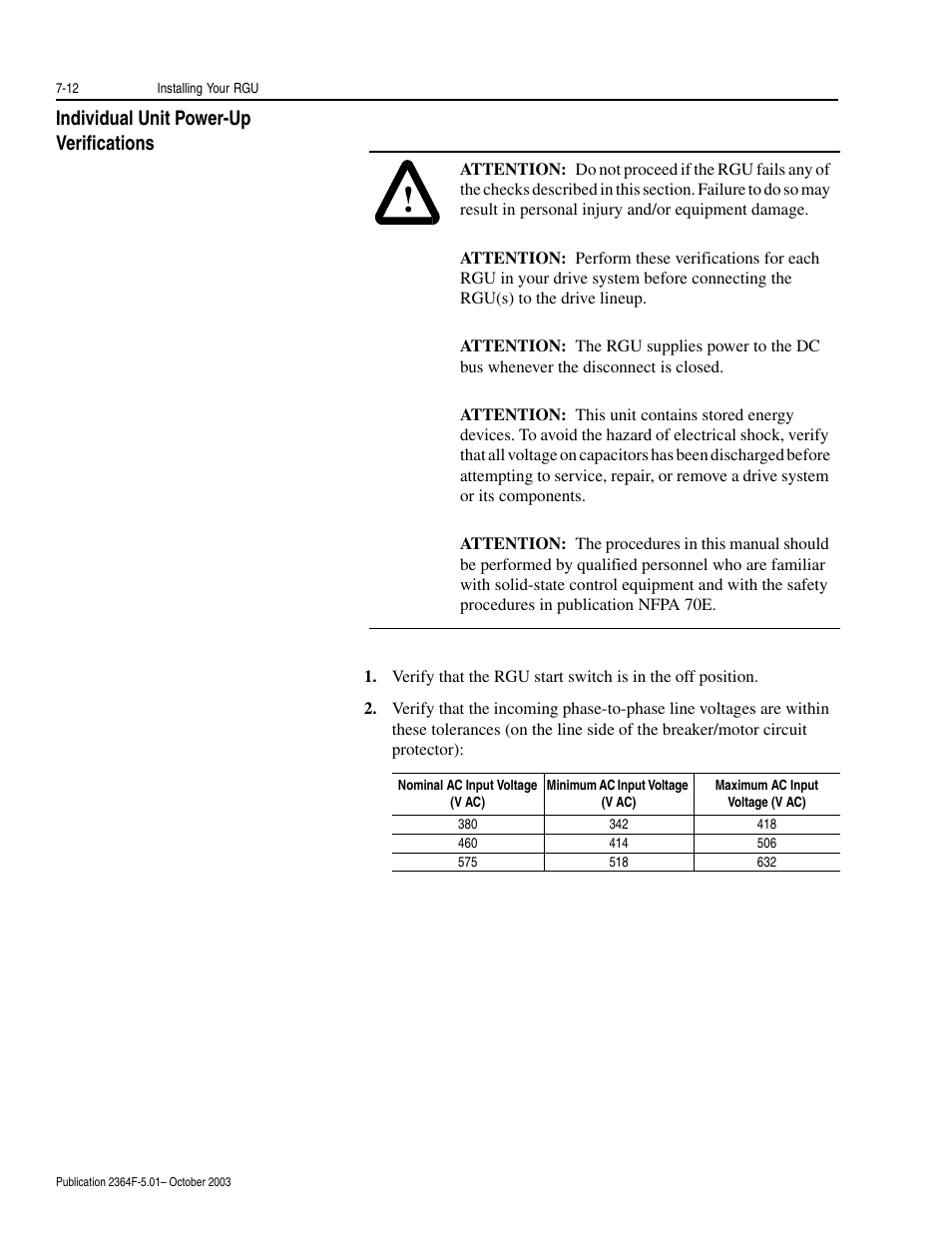 Individual unit power-up verifications, Individual unit power-up verifications -12 | Rockwell Automation 2364F Regenerative DC Bus Supply Unit (RGU) User Manual | Page 82 / 222