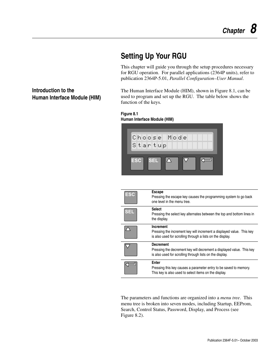 Chapter 8, Introduction to the human interface module (him), Setting up your rgu | Introduction to the, Human interface module (him) -1, Chapter | Rockwell Automation 2364F Regenerative DC Bus Supply Unit (RGU) User Manual | Page 85 / 222