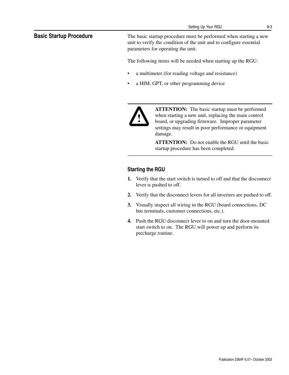 Basic startup procedure, Starting the rgu, Basic startup procedure -3 | Starting the rgu -3 | Rockwell Automation 2364F Regenerative DC Bus Supply Unit (RGU) User Manual | Page 87 / 222