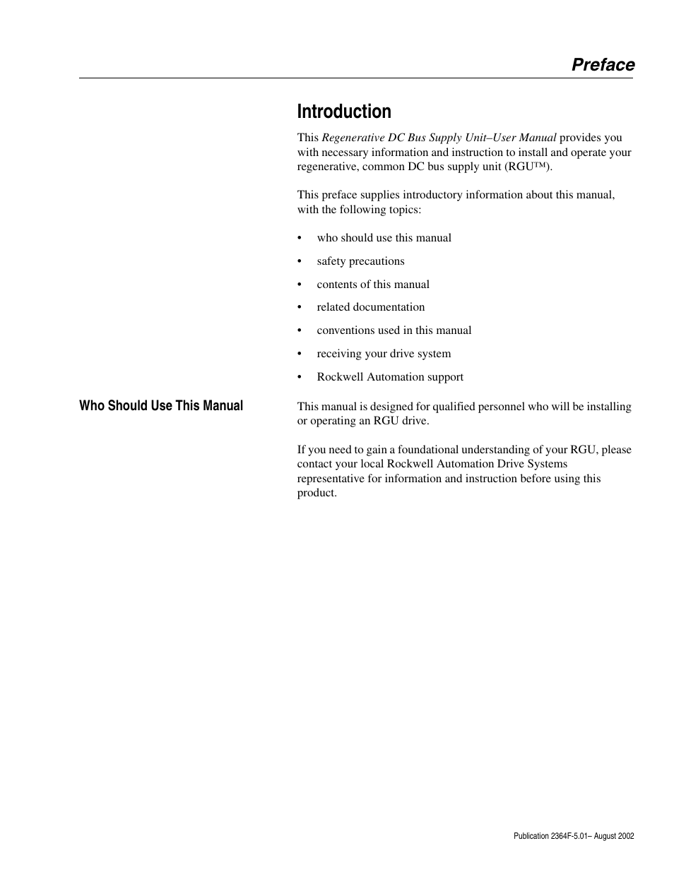 Preface, Who should use this manual, Introduction | Rockwell Automation 2364F Regenerative DC Bus Supply Unit (RGU) User Manual | Page 9 / 222