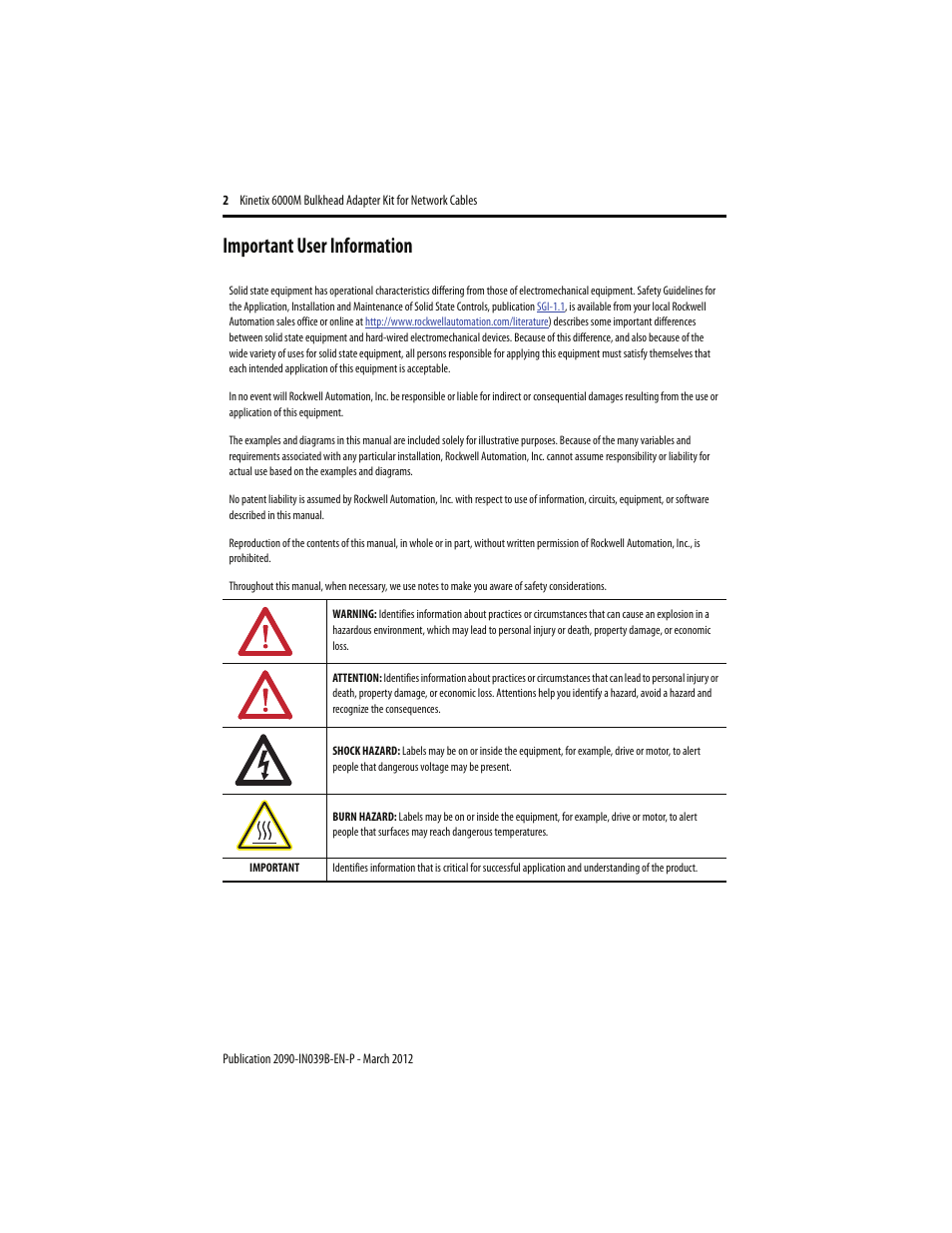 Important user information | Rockwell Automation 2090-CBUSPSS Kinetix 6000M Bulkhead Cable Adapter Kit Installation Instructions User Manual | Page 2 / 8