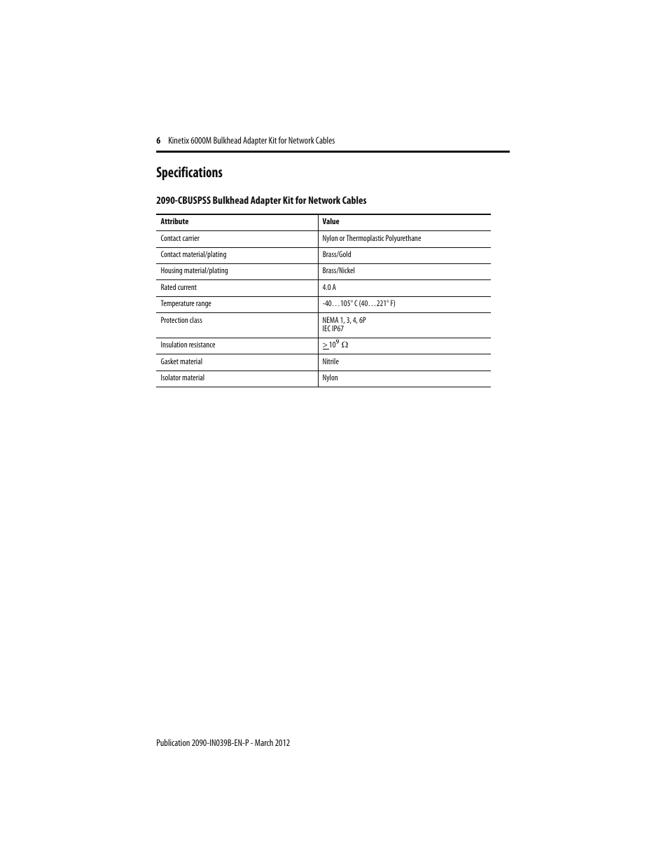 Specifications | Rockwell Automation 2090-CBUSPSS Kinetix 6000M Bulkhead Cable Adapter Kit Installation Instructions User Manual | Page 6 / 8