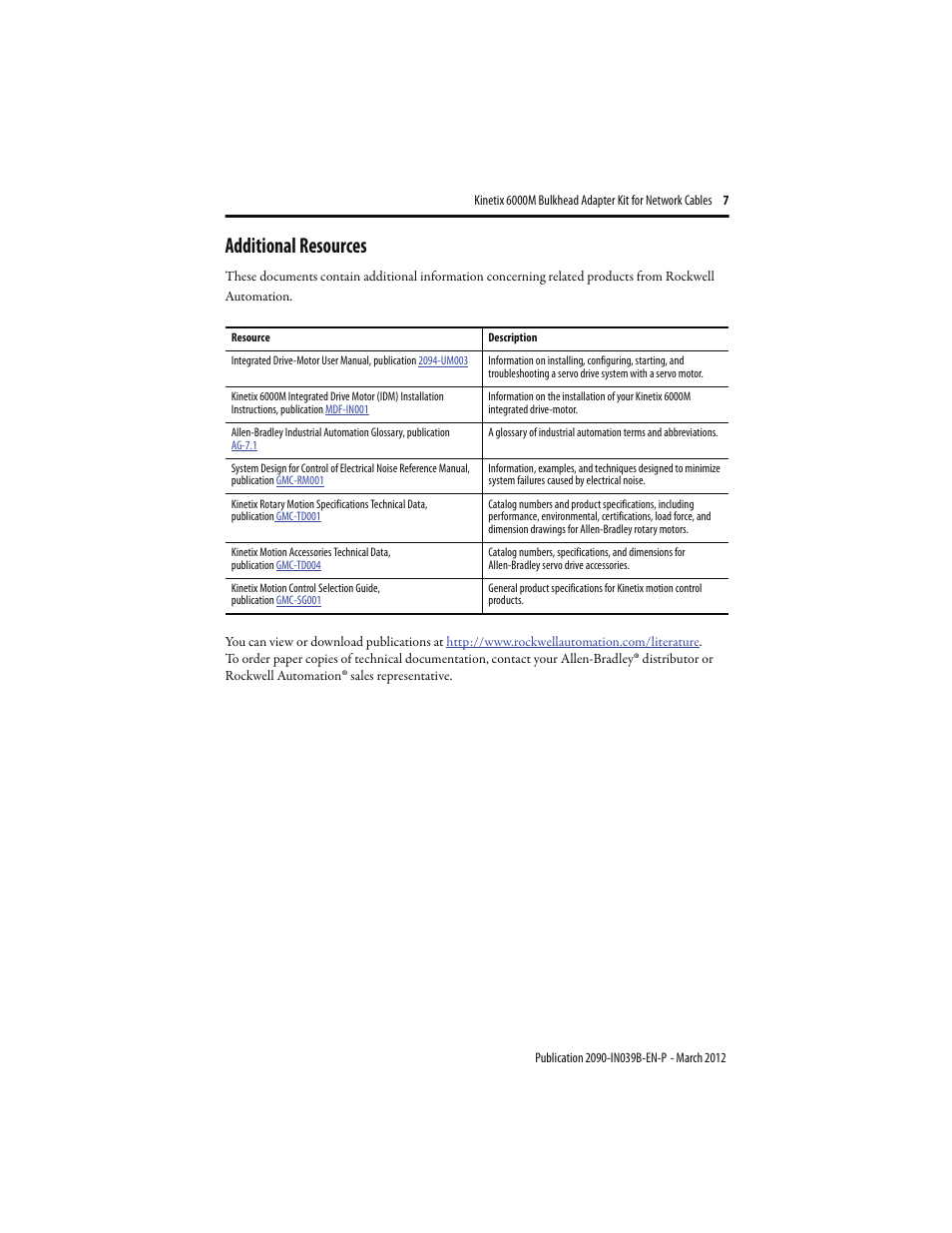 Additional resources | Rockwell Automation 2090-CBUSPSS Kinetix 6000M Bulkhead Cable Adapter Kit Installation Instructions User Manual | Page 7 / 8