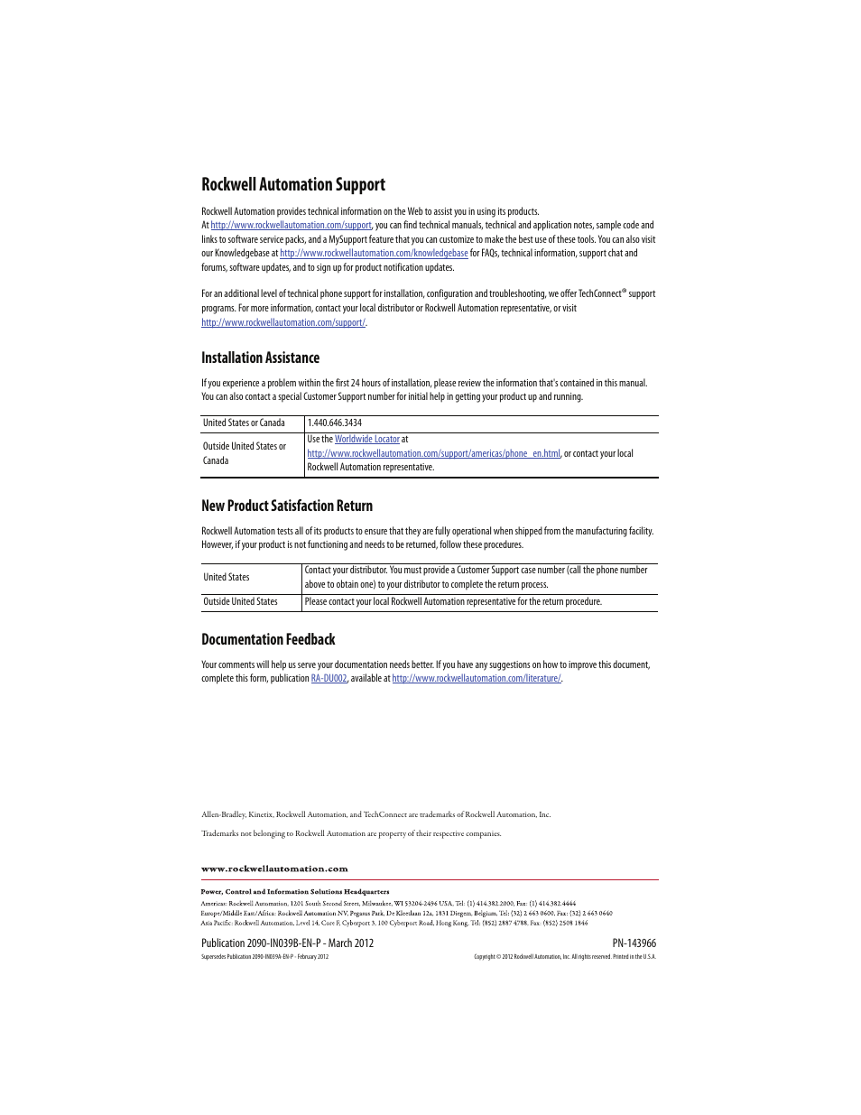 Back cover, Rockwell automation support, Installation assistance | New product satisfaction return, Documentation feedback | Rockwell Automation 2090-CBUSPSS Kinetix 6000M Bulkhead Cable Adapter Kit Installation Instructions User Manual | Page 8 / 8