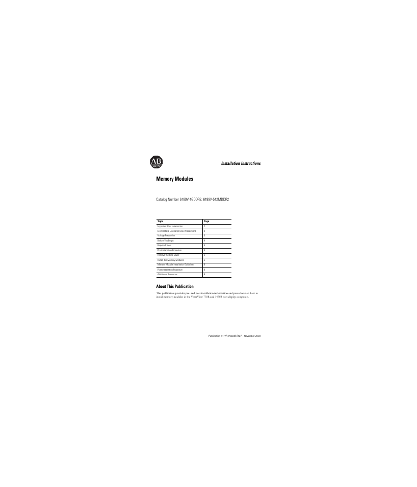 Rockwell Automation 6189V-512MDDR2 Memory Modules User Manual | 12 pages