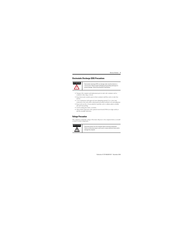 Electrostatic discharge (esd) precautions, Voltage precaution | Rockwell Automation 6189V-512MDDR2 Memory Modules User Manual | Page 3 / 12