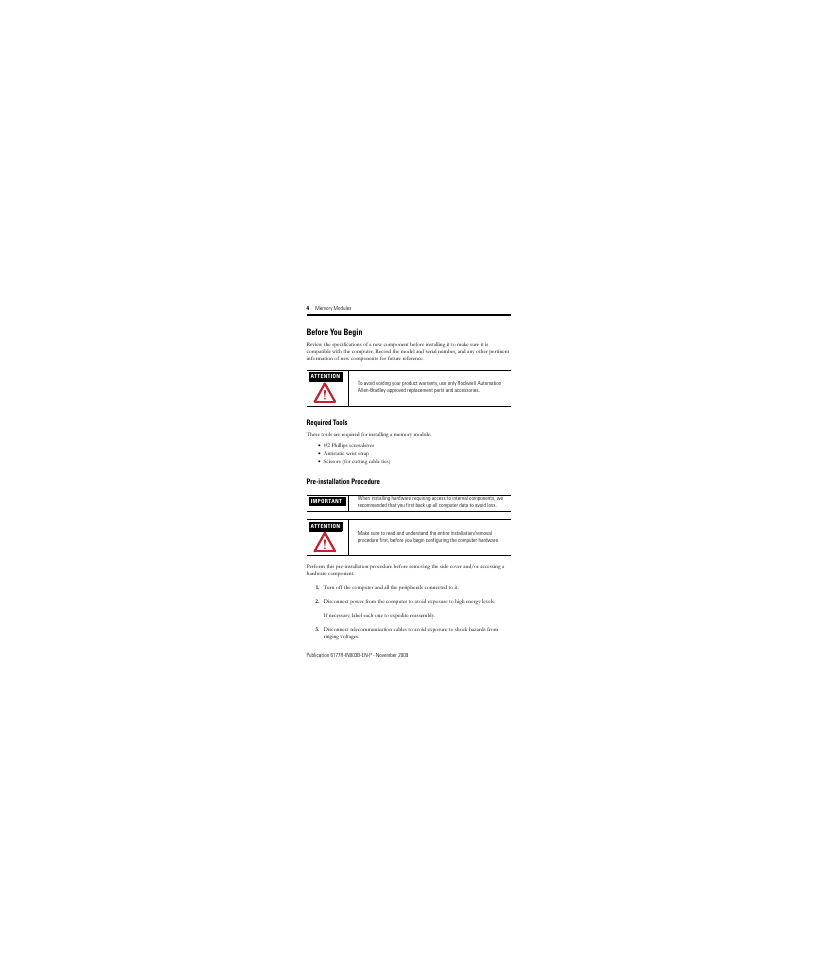 Before you begin, Required tools, Pre-installation procedure | Rockwell Automation 6189V-512MDDR2 Memory Modules User Manual | Page 4 / 12