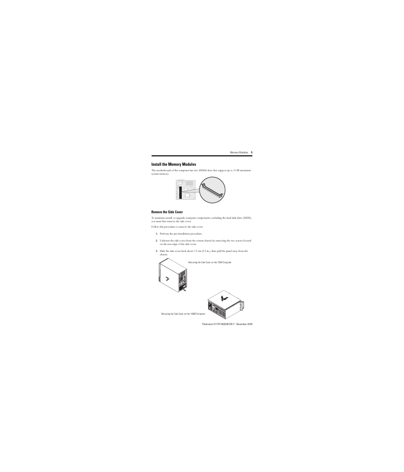 Install the memory modules, Remove the side cover | Rockwell Automation 6189V-512MDDR2 Memory Modules User Manual | Page 5 / 12