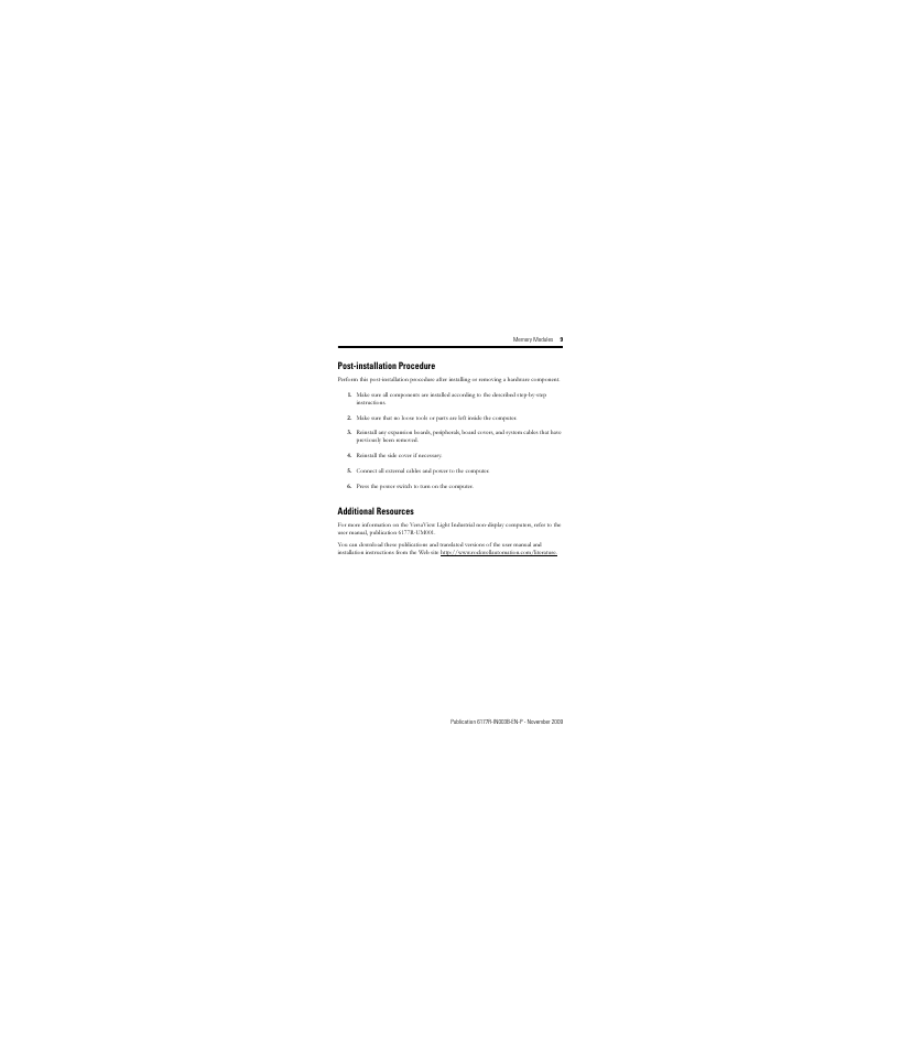 Post-installation procedure, Additional resources | Rockwell Automation 6189V-512MDDR2 Memory Modules User Manual | Page 9 / 12