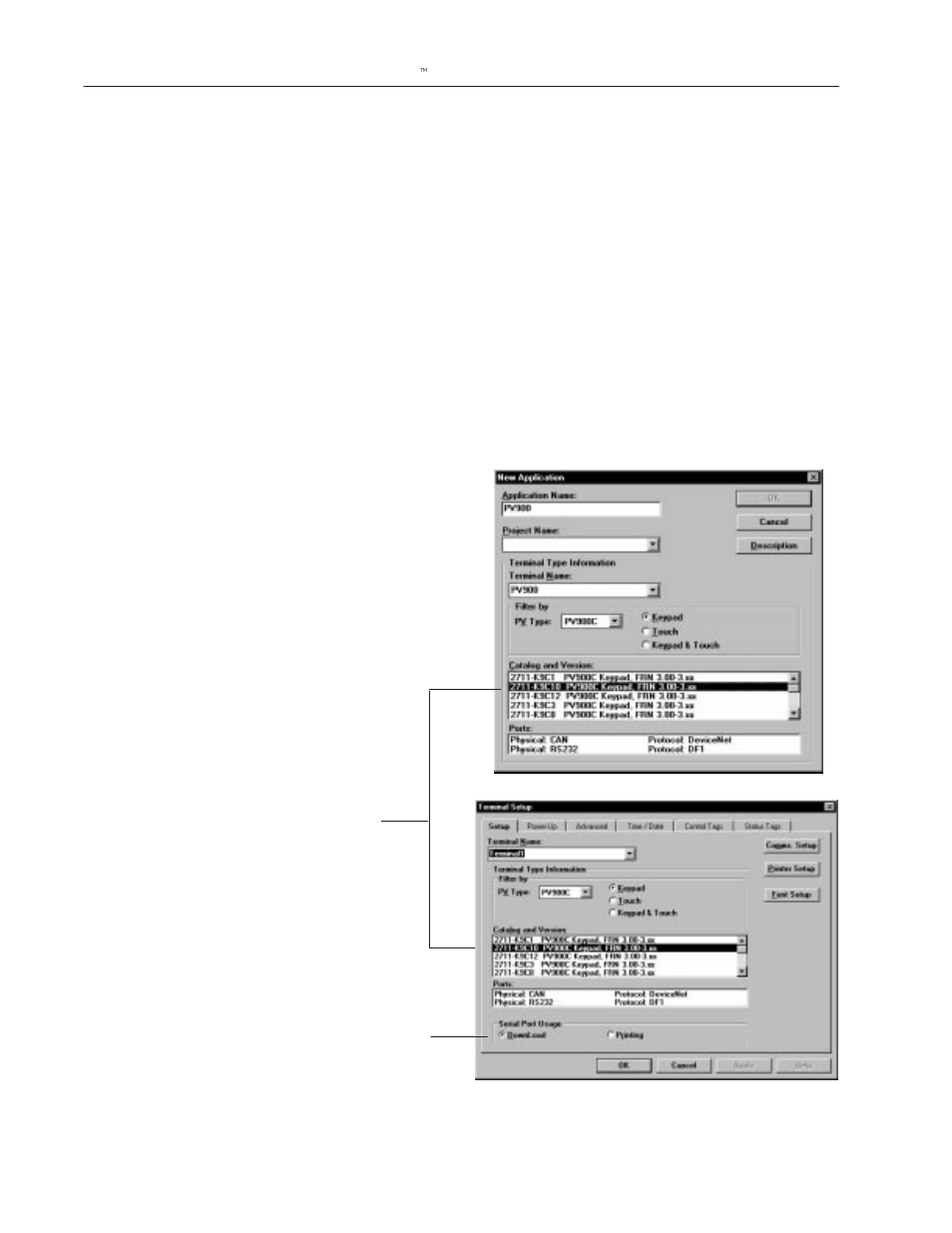 Setting up communications using panelbuilder, Selecting a devicenet panelview terminal | Rockwell Automation 2755-SNx Adaptascan Bar Code Readers User Manual | Page 330 / 354