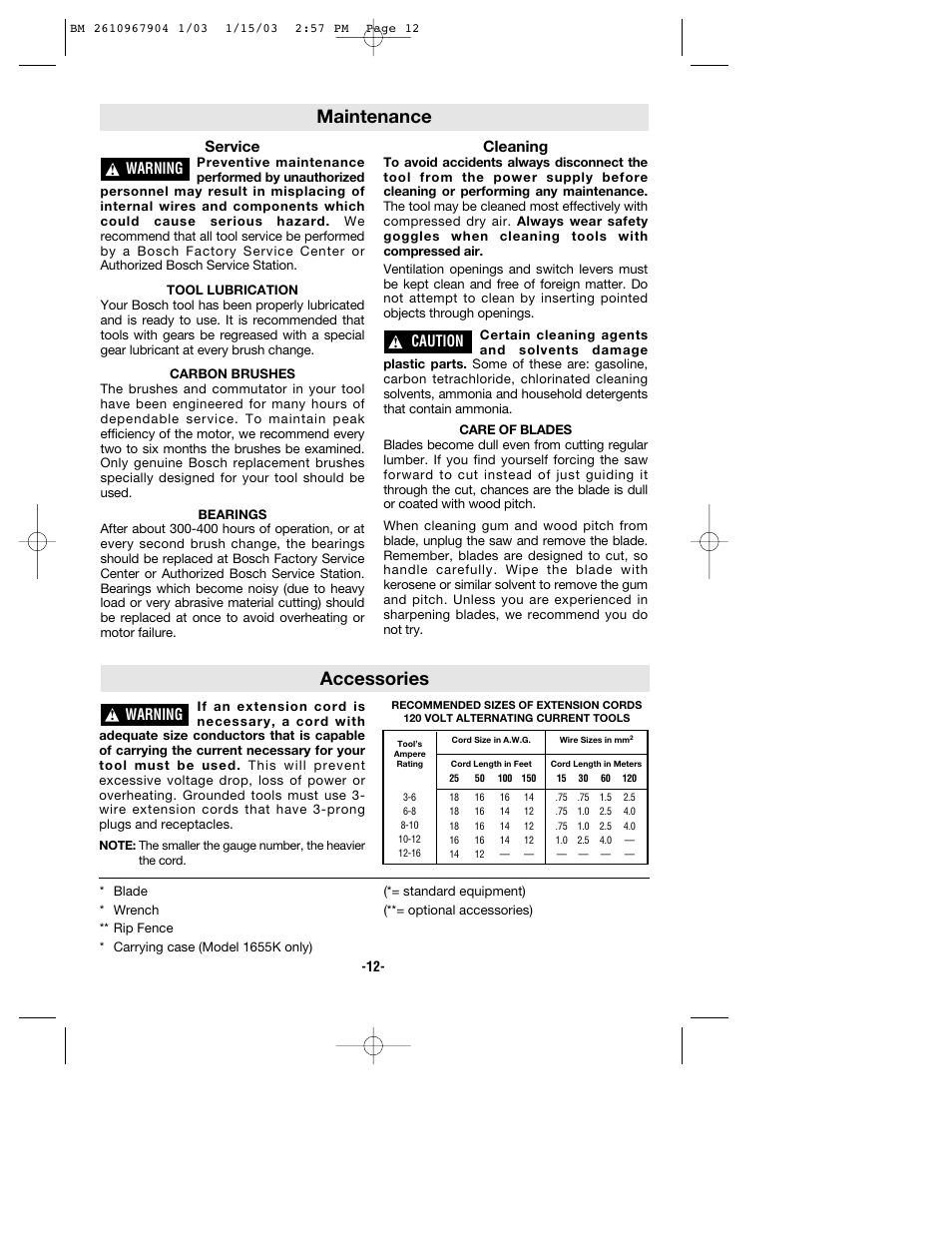 Accessories, Maintenance, Service | Cleaning, Warning, Caution | Bosch 1655 User Manual | Page 12 / 36