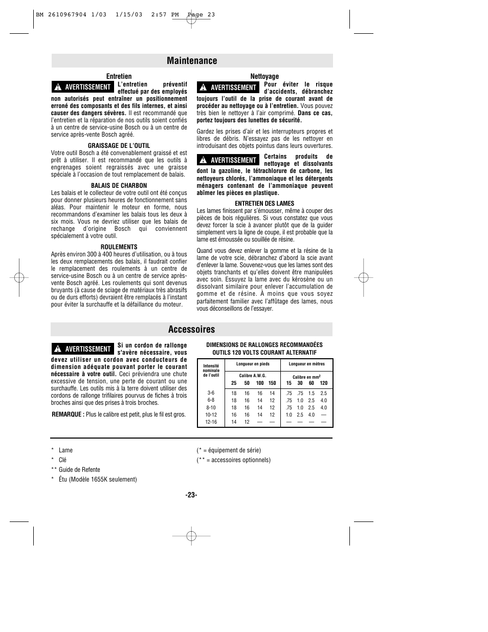 Maintenance, Accessoires | Bosch 1655 User Manual | Page 23 / 36