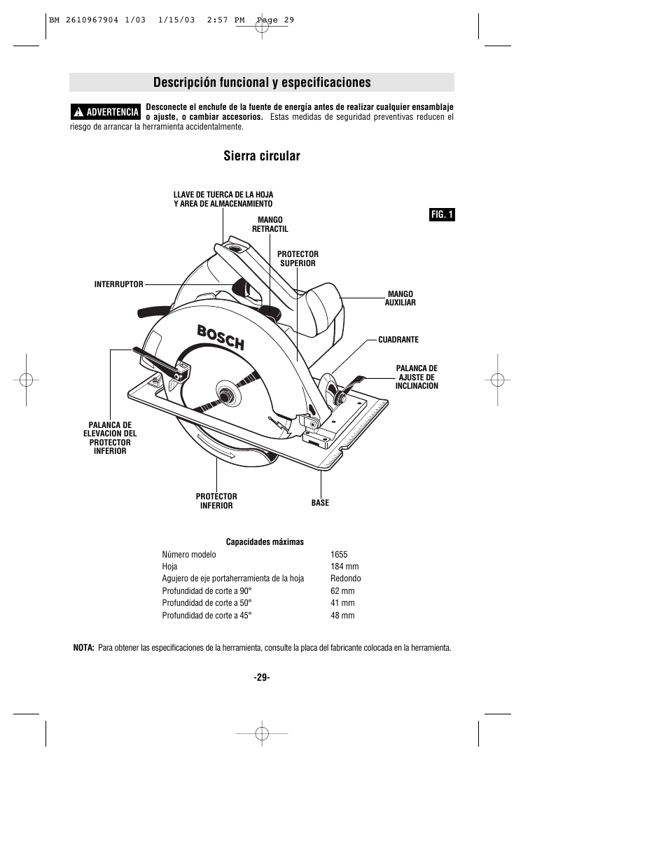 Descripción funcional y especificaciones, Sierra circular | Bosch 1655 User Manual | Page 29 / 36