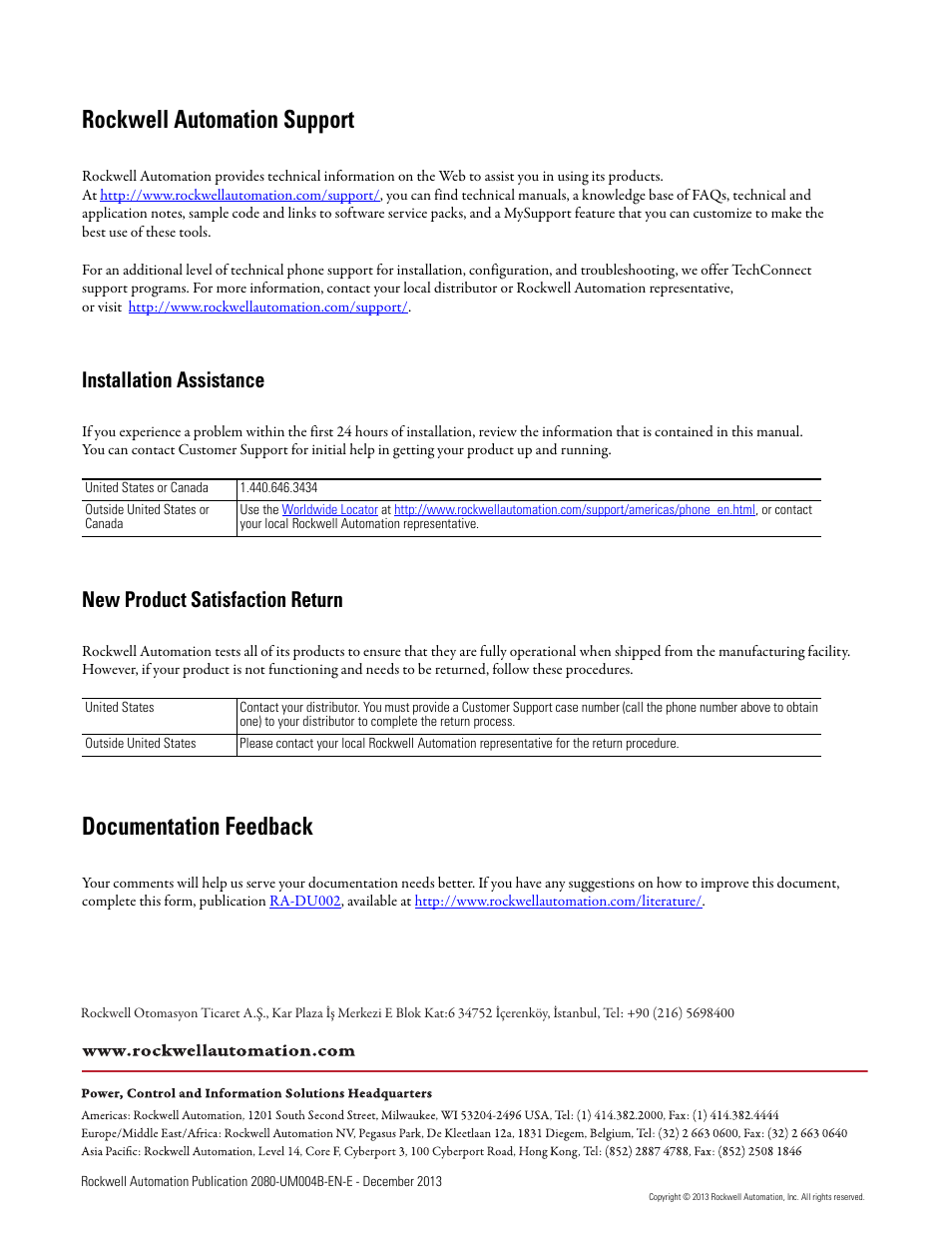 Back cover, Rockwell automation support, Documentation feedback | Installation assistance, New product satisfaction return | Rockwell Automation 2080 Micro800 Digital and Analog Plug-in Modules User Manual | Page 108 / 108