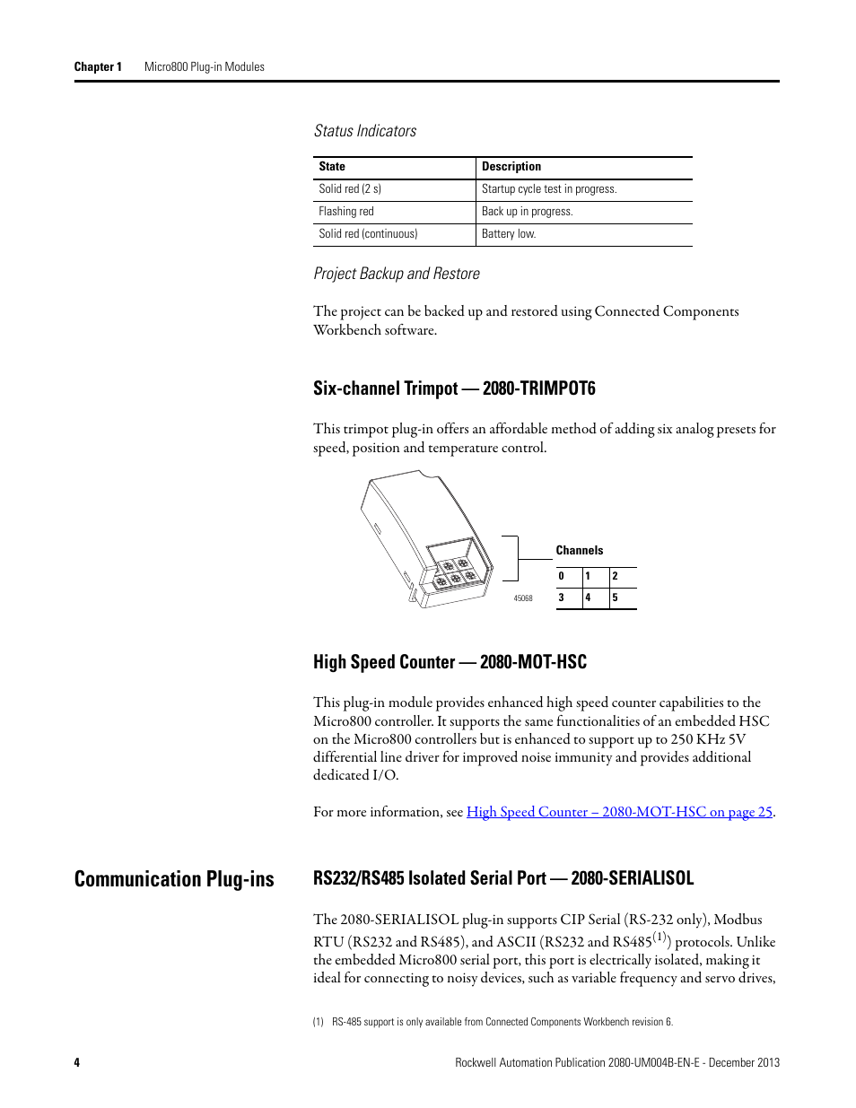Status indicators, Project backup and restore, Six-channel trimpot — 2080-trimpot6 | High speed counter — 2080-mot-hsc, Communication plug-ins, Rs232/rs485 isolated serial port — 2080-serialisol | Rockwell Automation 2080 Micro800 Digital and Analog Plug-in Modules User Manual | Page 12 / 108