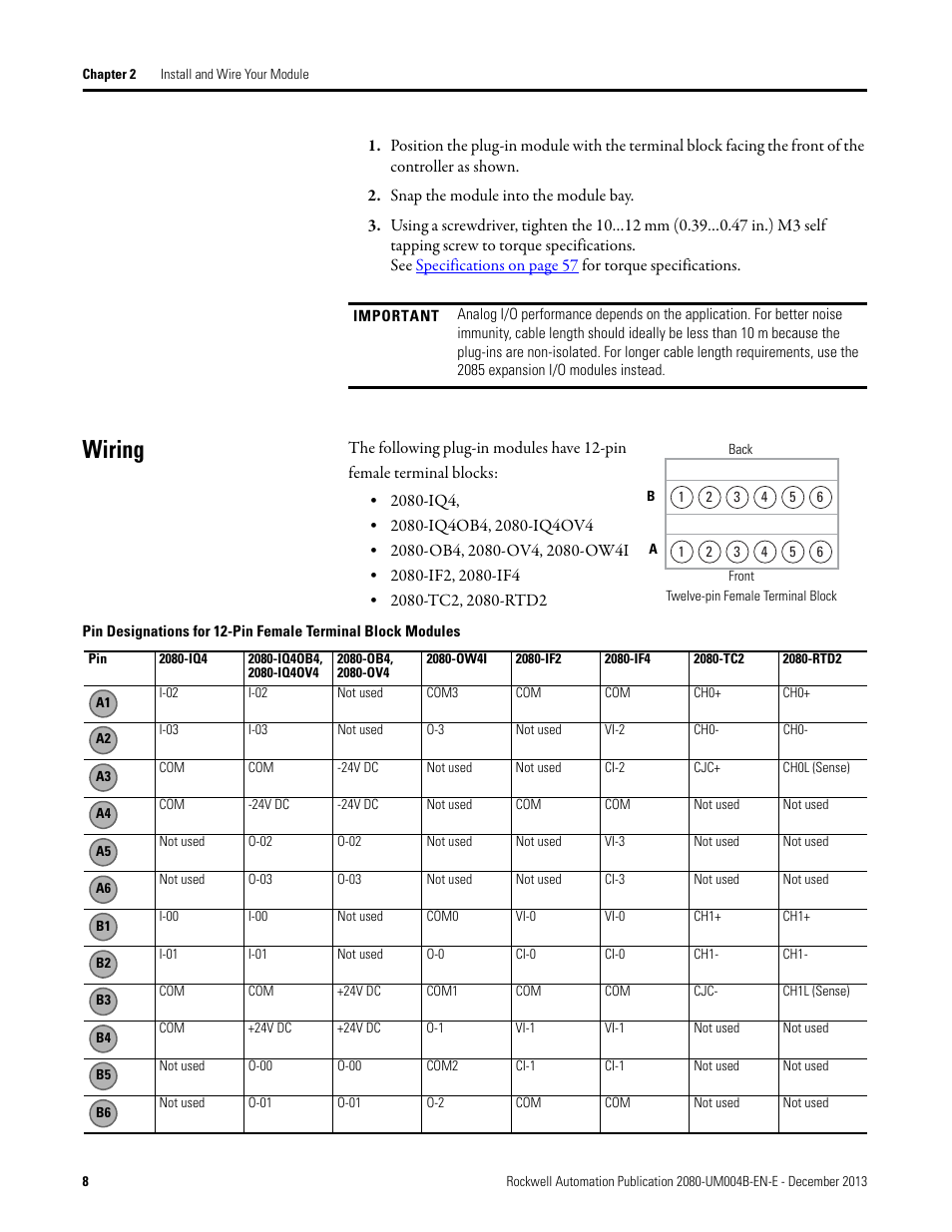 Snap the module into the module bay, Wiring | Rockwell Automation 2080 Micro800 Digital and Analog Plug-in Modules User Manual | Page 16 / 108