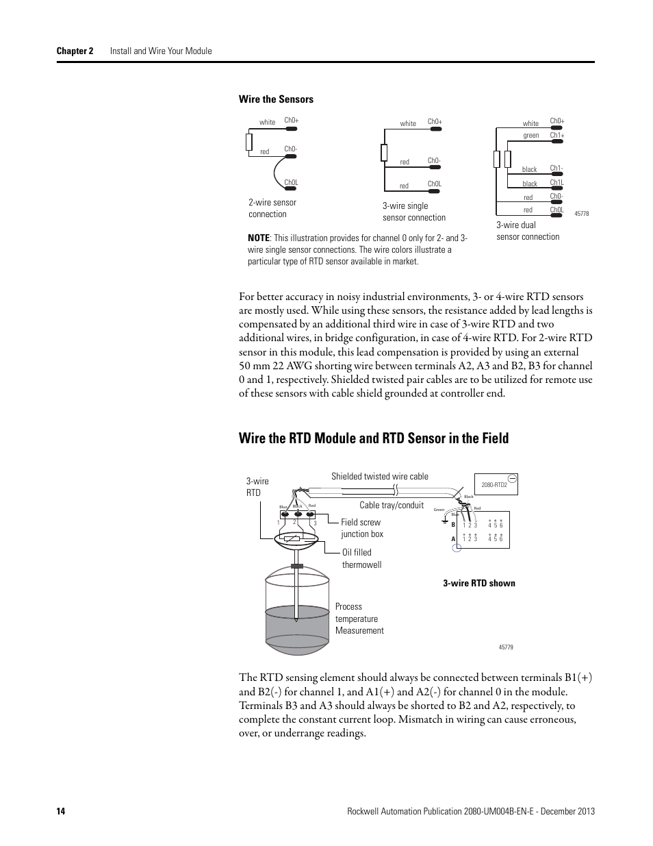 Wire the rtd module and rtd sensor in the field, Wire the sensors | Rockwell Automation 2080 Micro800 Digital and Analog Plug-in Modules User Manual | Page 22 / 108
