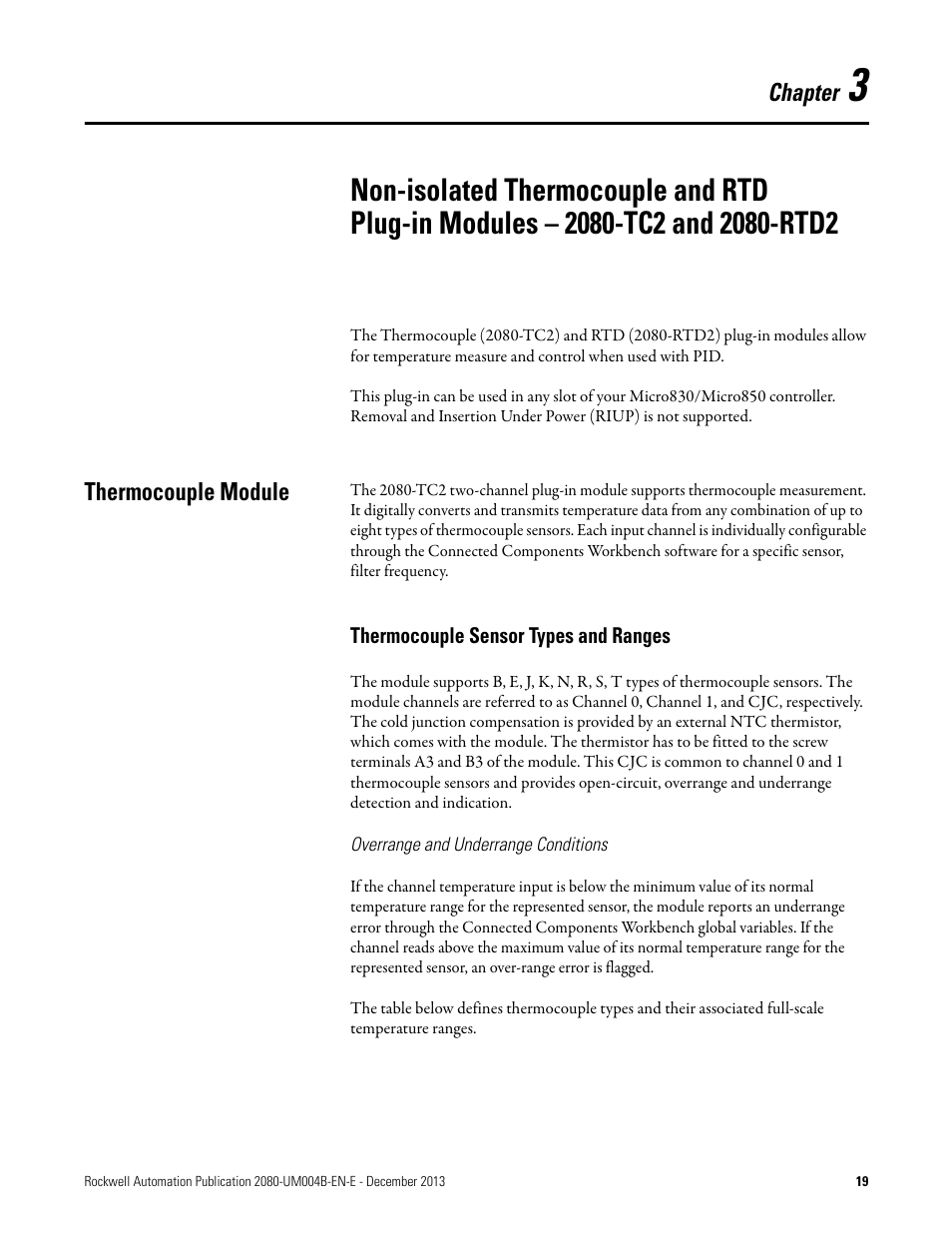 Thermocouple module, Thermocouple sensor types and ranges, Overrange and underrange conditions | Chapter 3 | Rockwell Automation 2080 Micro800 Digital and Analog Plug-in Modules User Manual | Page 27 / 108