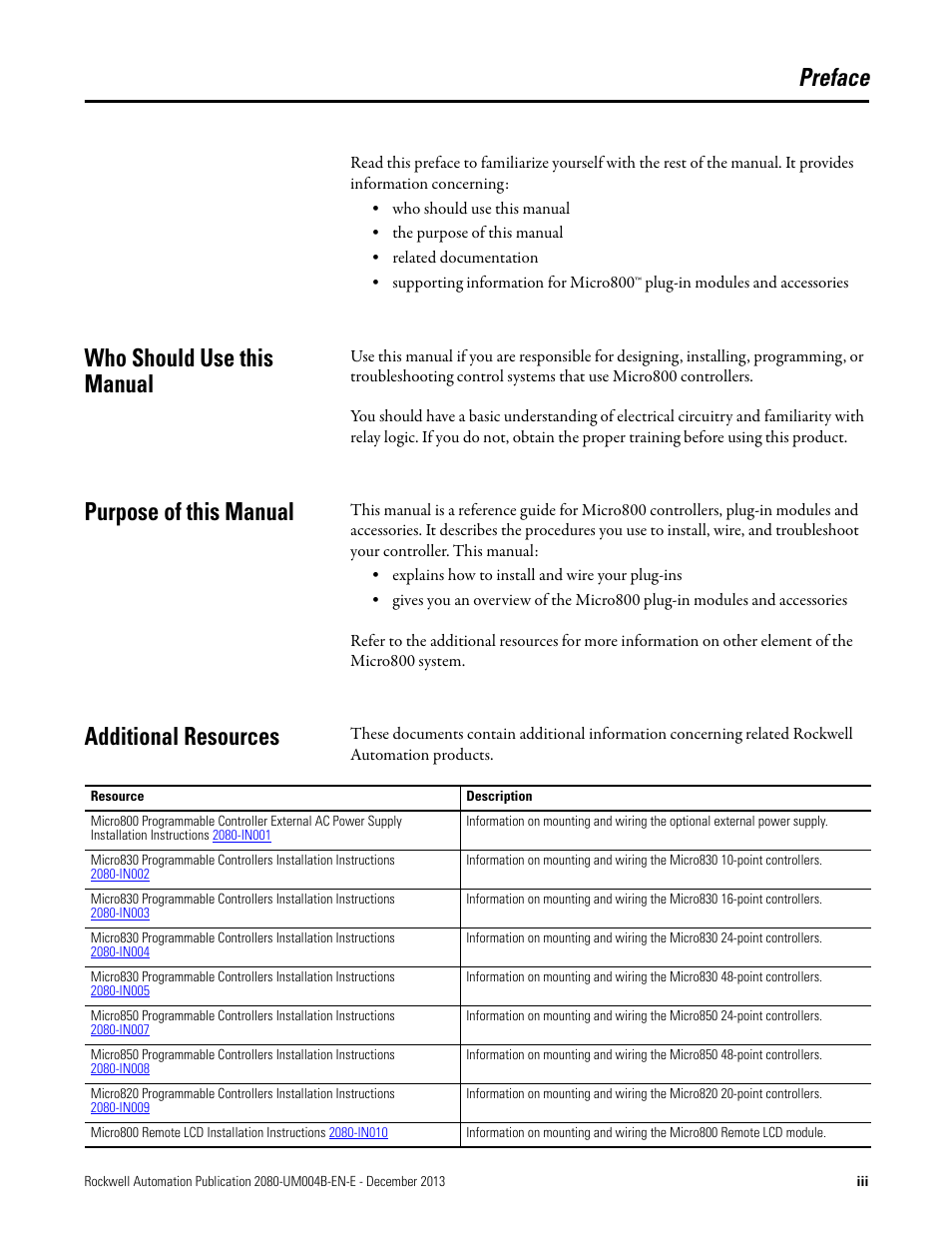 Preface, Who should use this manual, Purpose of this manual | Additional resources | Rockwell Automation 2080 Micro800 Digital and Analog Plug-in Modules User Manual | Page 3 / 108