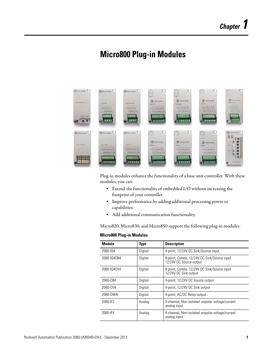 1 - micro800 plug-in modules, Micro800 plug-in modules, Chapter 1 | Chapter | Rockwell Automation 2080 Micro800 Digital and Analog Plug-in Modules User Manual | Page 9 / 108