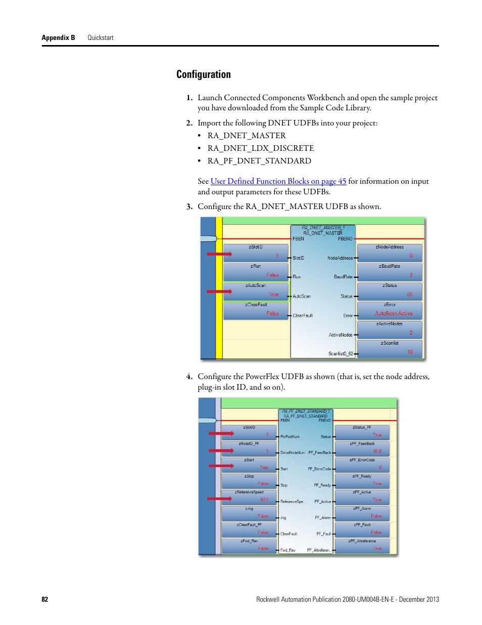 Configuration, Import the following dnet udfbs into your project, Configure the ra_dnet_master udfb as shown | Rockwell Automation 2080 Micro800 Digital and Analog Plug-in Modules User Manual | Page 90 / 108