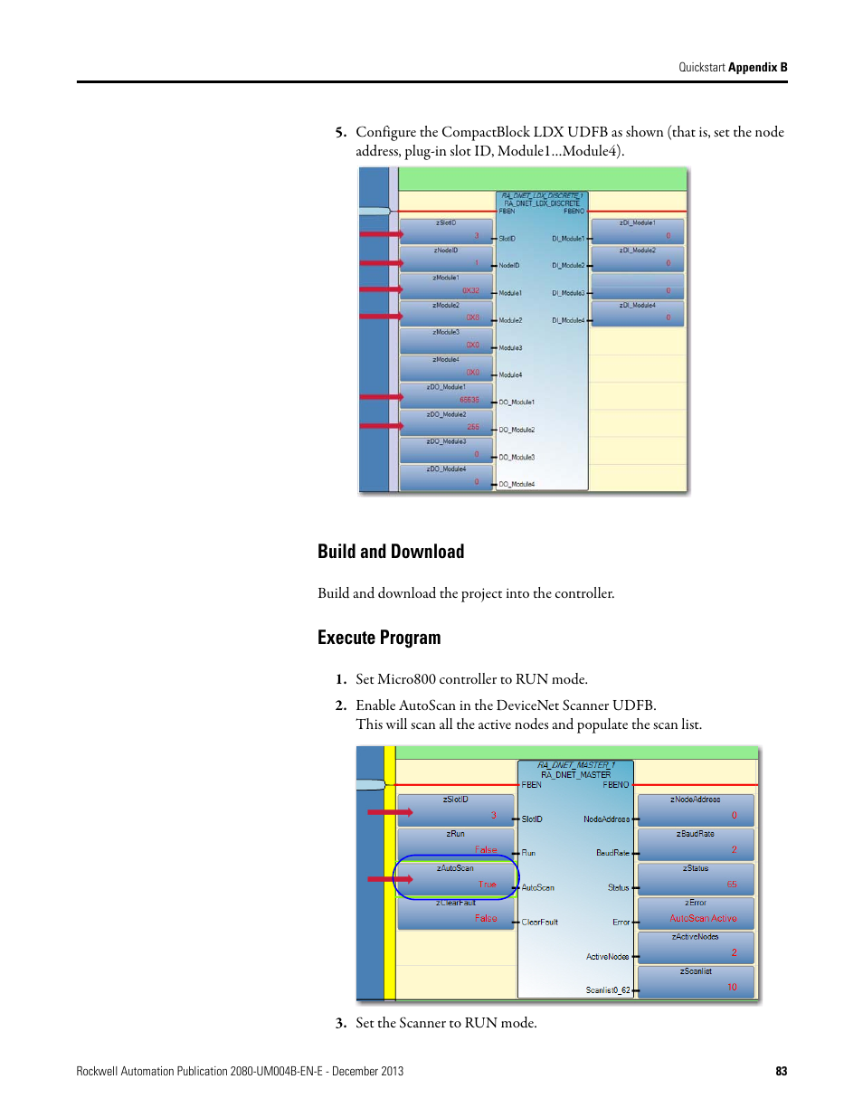 Build and download, Execute program, Set micro800 controller to run mode | Set the scanner to run mode, Build and download execute program | Rockwell Automation 2080 Micro800 Digital and Analog Plug-in Modules User Manual | Page 91 / 108