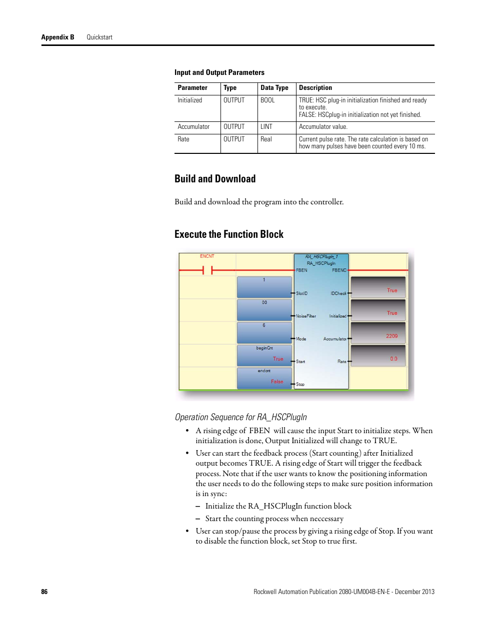 Build and download, Execute the function block, Operation sequence for ra_hscplugin | Build and download execute the function block | Rockwell Automation 2080 Micro800 Digital and Analog Plug-in Modules User Manual | Page 94 / 108