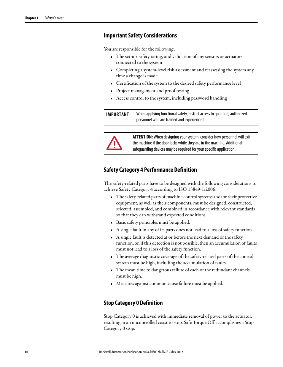 Important safety considerations, Safety category 4 performance definition, Stop category 0 definition | Rockwell Automation 2094-EN02D-M01-S0 Kinetix 6200 and Kinetix 6500 Safe Torque-off Safety Reference Manual User Manual | Page 10 / 42