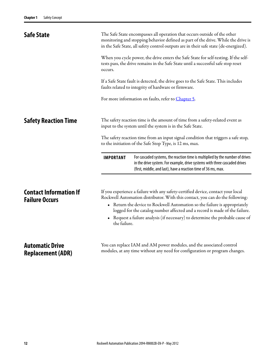 Safe state, Safety reaction time, Contact information if failure occurs | Automatic drive replacement (adr) | Rockwell Automation 2094-EN02D-M01-S0 Kinetix 6200 and Kinetix 6500 Safe Torque-off Safety Reference Manual User Manual | Page 12 / 42