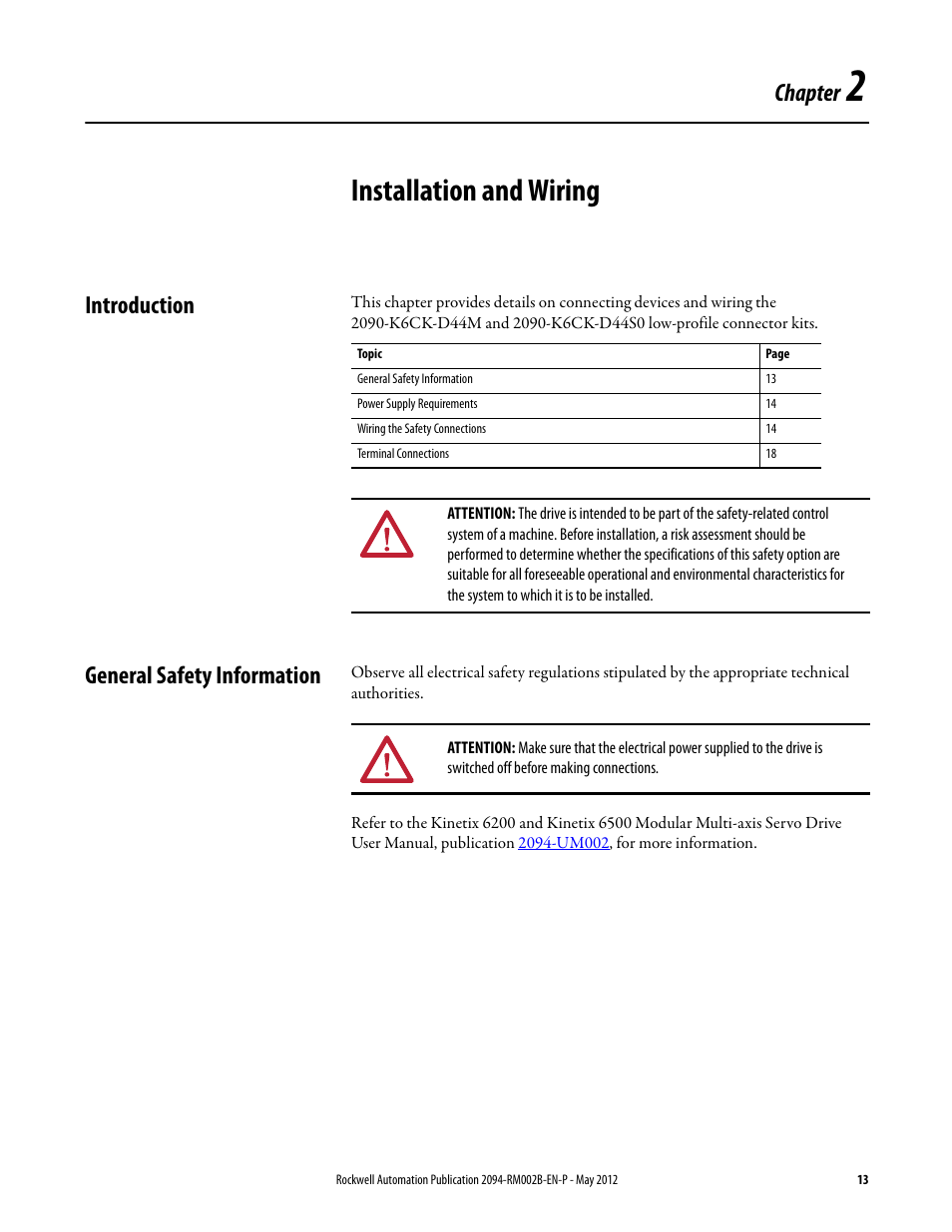 Chapter 2 - installation and wiring, Introduction, General safety information | Chapter 2, Installation and wiring, Chapter | Rockwell Automation 2094-EN02D-M01-S0 Kinetix 6200 and Kinetix 6500 Safe Torque-off Safety Reference Manual User Manual | Page 13 / 42