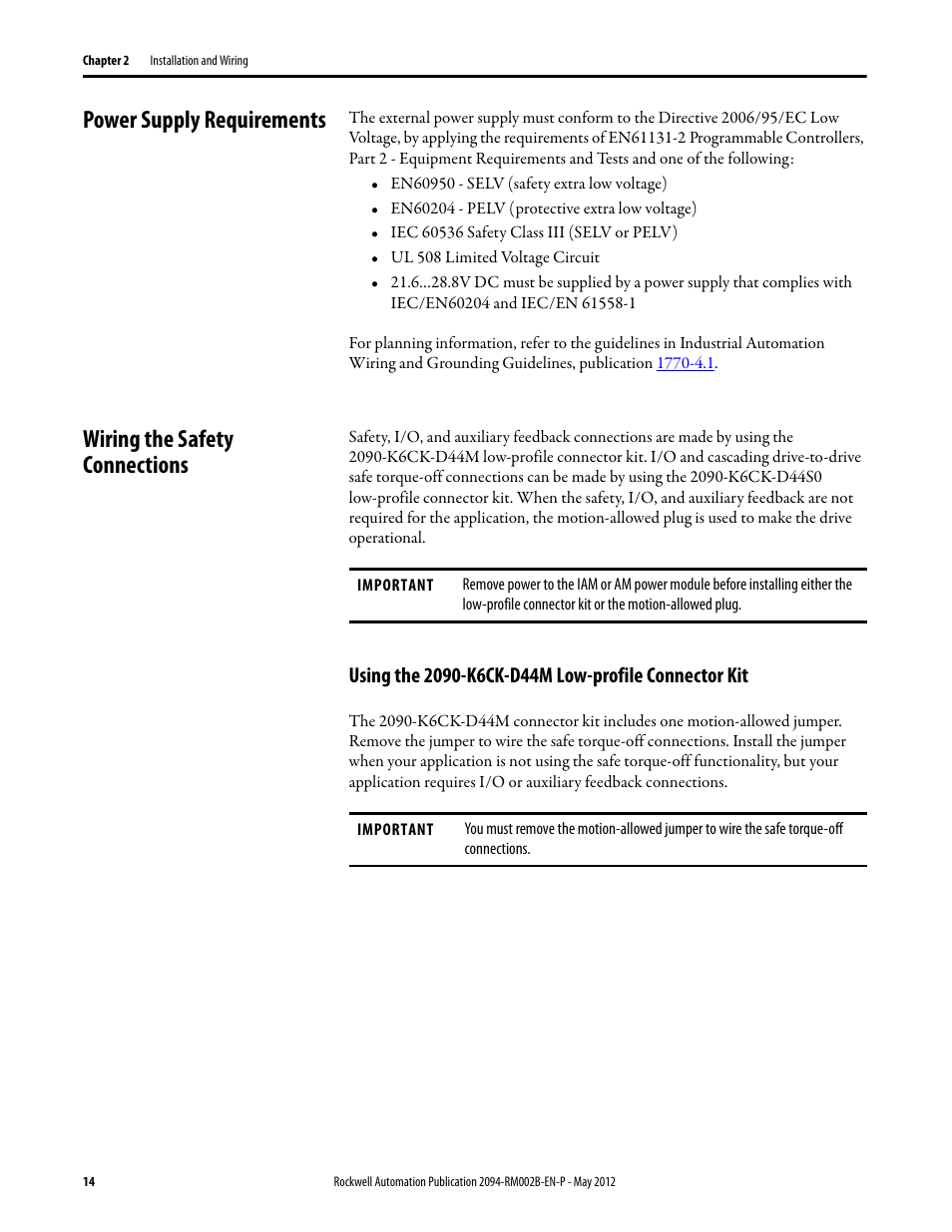 Power supply requirements, Wiring the safety connections, Using the 2090-k6ck-d44m low-profile connector kit | Rockwell Automation 2094-EN02D-M01-S0 Kinetix 6200 and Kinetix 6500 Safe Torque-off Safety Reference Manual User Manual | Page 14 / 42