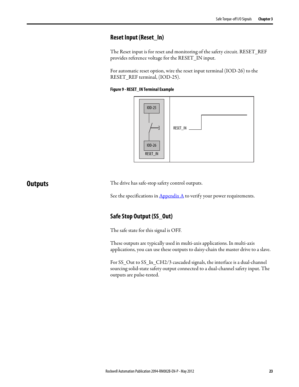 Reset input (reset_in), Outputs, Safe stop output (ss_out) | Rockwell Automation 2094-EN02D-M01-S0 Kinetix 6200 and Kinetix 6500 Safe Torque-off Safety Reference Manual User Manual | Page 23 / 42
