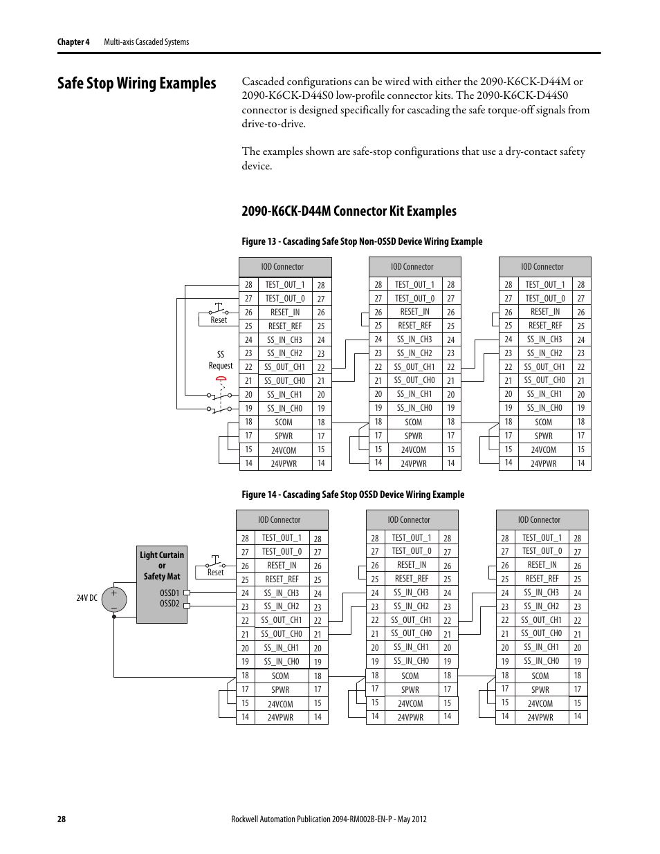 Safe stop wiring examples, 2090-k6ck-d44m connector kit examples | Rockwell Automation 2094-EN02D-M01-S0 Kinetix 6200 and Kinetix 6500 Safe Torque-off Safety Reference Manual User Manual | Page 28 / 42