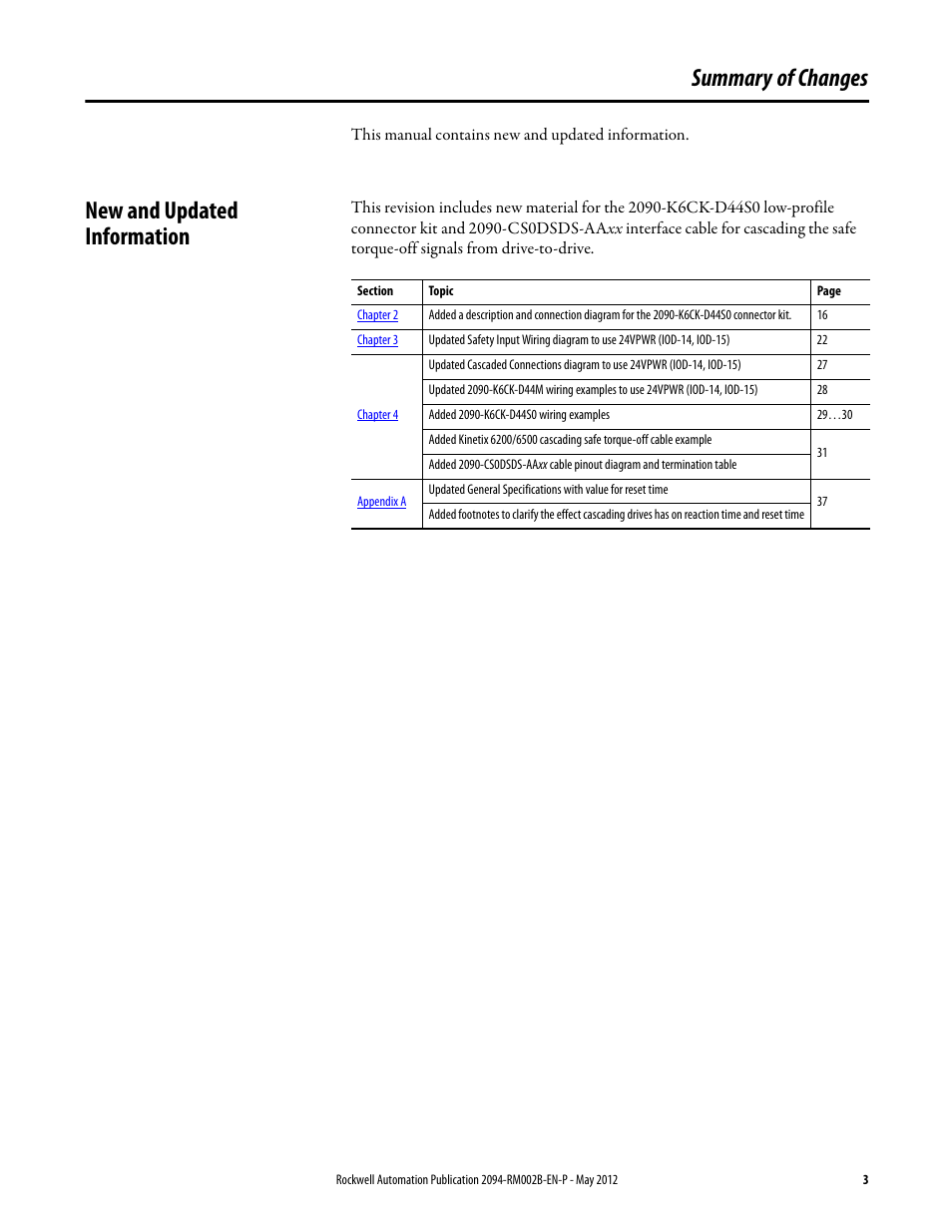 Summary of changes, New and updated information | Rockwell Automation 2094-EN02D-M01-S0 Kinetix 6200 and Kinetix 6500 Safe Torque-off Safety Reference Manual User Manual | Page 3 / 42