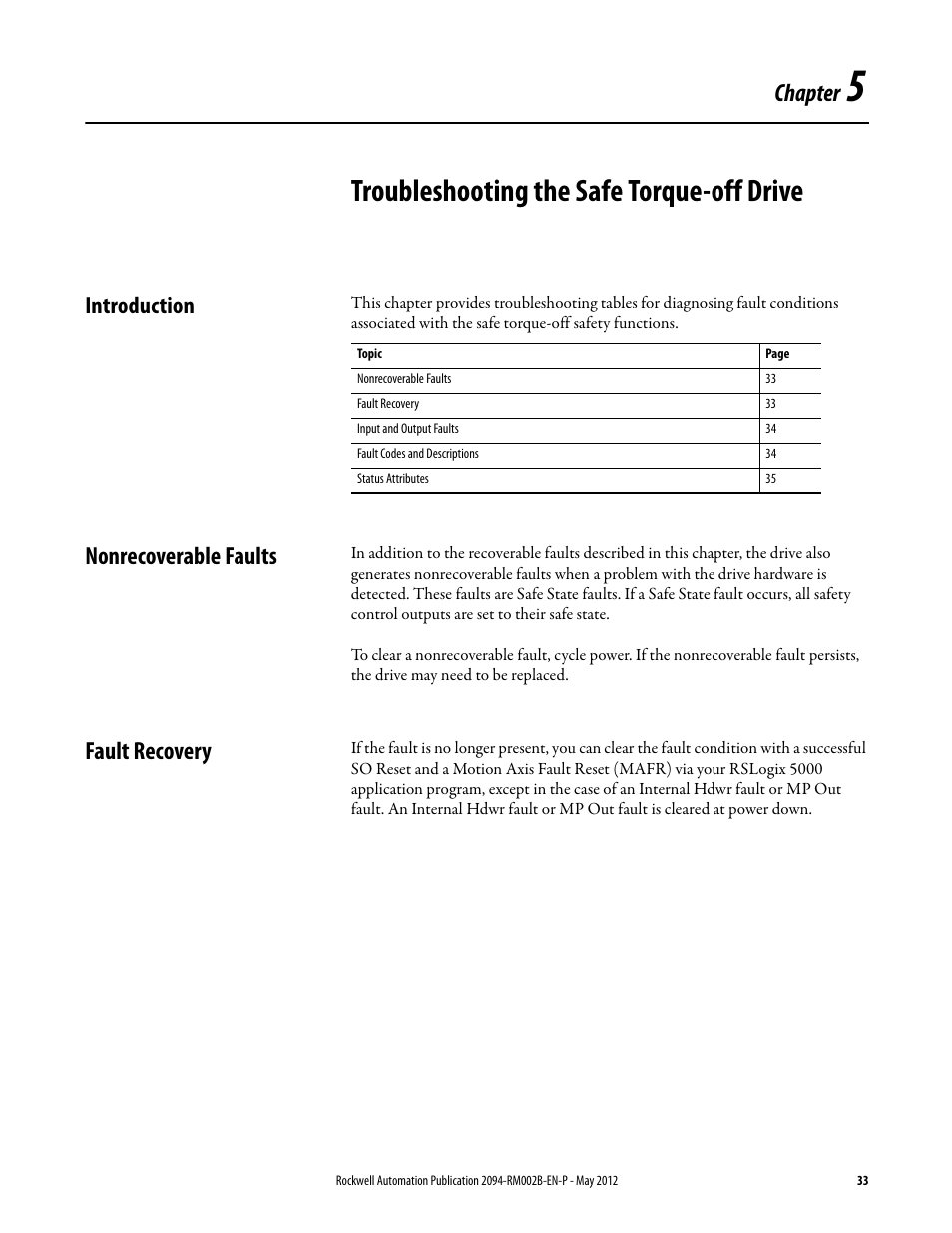 Introduction, Nonrecoverable faults, Fault recovery | Chapter 5, Troubleshooting the safe torque-off drive, Troubleshooting the safe torque-off, Drive, Chapter | Rockwell Automation 2094-EN02D-M01-S0 Kinetix 6200 and Kinetix 6500 Safe Torque-off Safety Reference Manual User Manual | Page 33 / 42