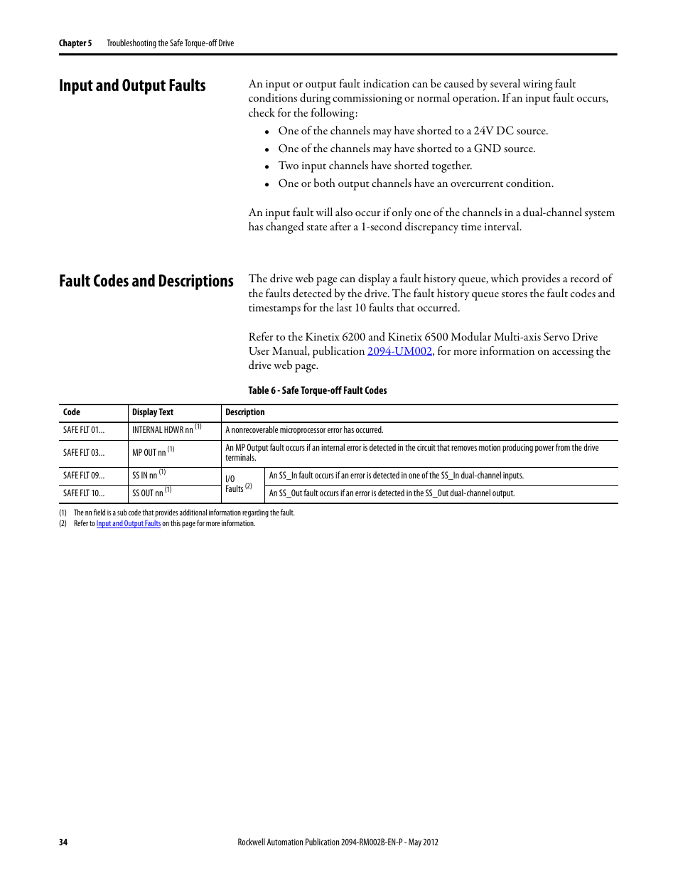 Input and output faults, Fault codes and descriptions | Rockwell Automation 2094-EN02D-M01-S0 Kinetix 6200 and Kinetix 6500 Safe Torque-off Safety Reference Manual User Manual | Page 34 / 42