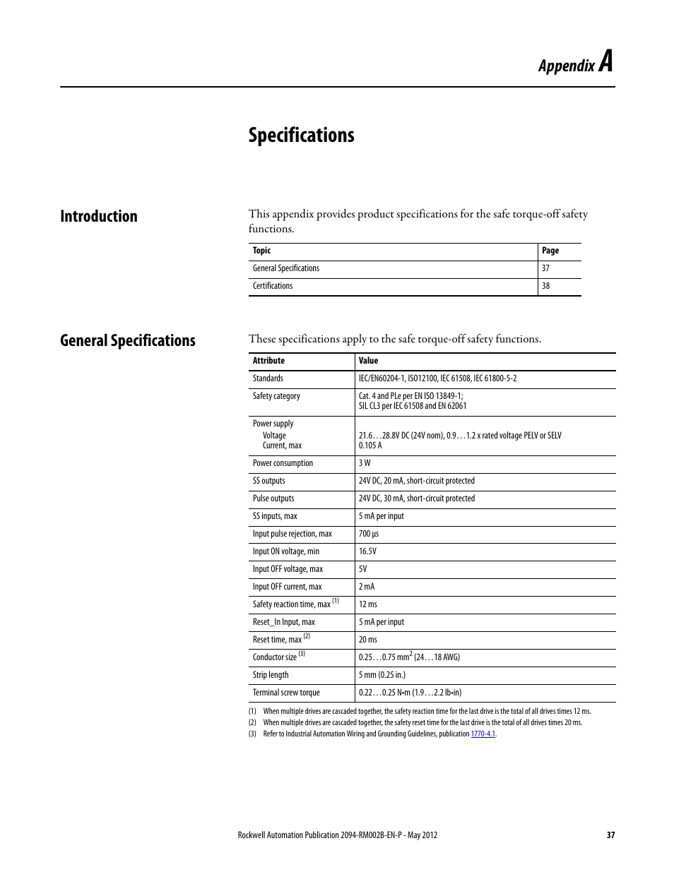 Appendix a - specifications, Introduction, General specifications | Appendix a, Specifications, Appendix | Rockwell Automation 2094-EN02D-M01-S0 Kinetix 6200 and Kinetix 6500 Safe Torque-off Safety Reference Manual User Manual | Page 37 / 42