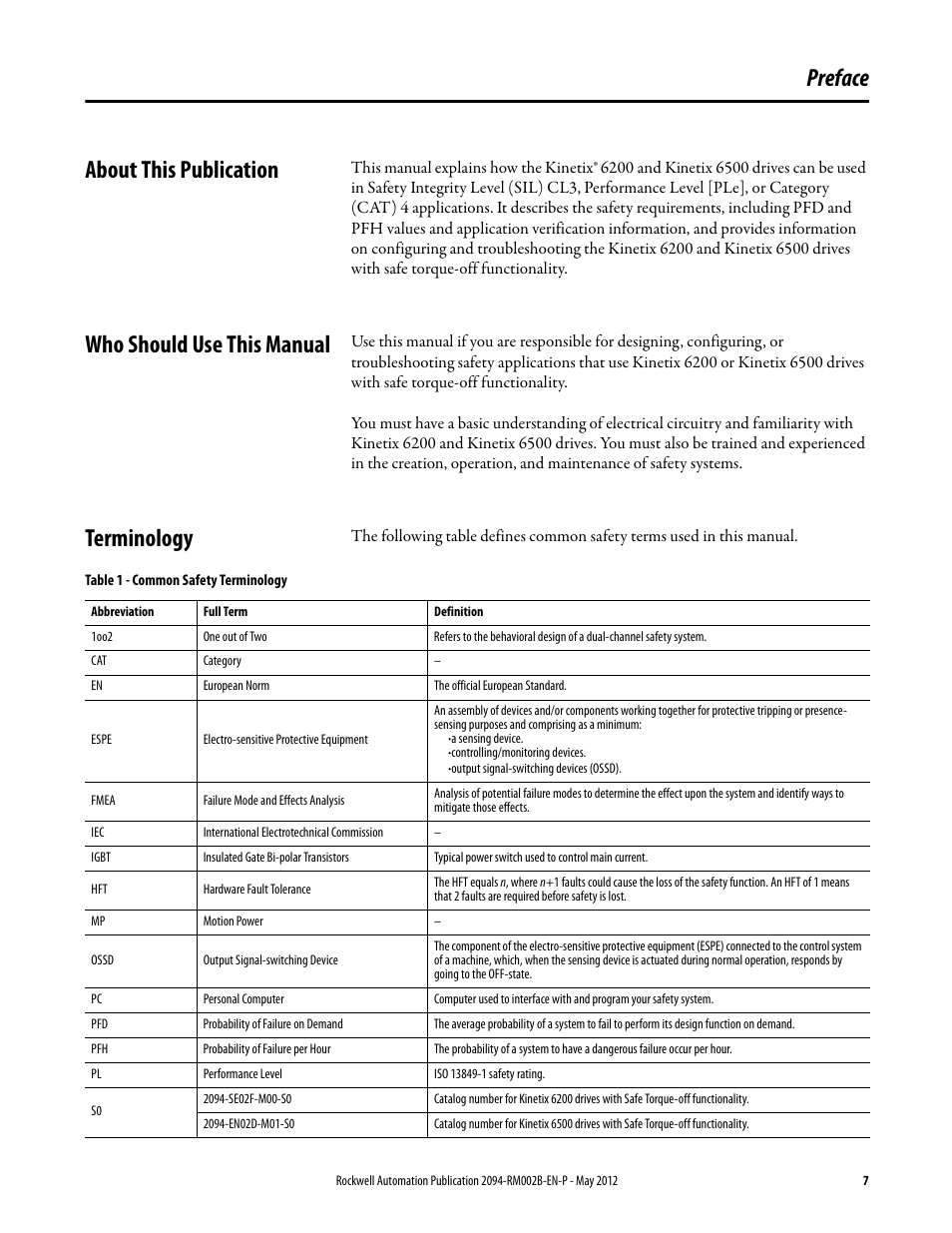 Preface, About this publication, Who should use this manual | Terminology, Preface about this publication | Rockwell Automation 2094-EN02D-M01-S0 Kinetix 6200 and Kinetix 6500 Safe Torque-off Safety Reference Manual User Manual | Page 7 / 42