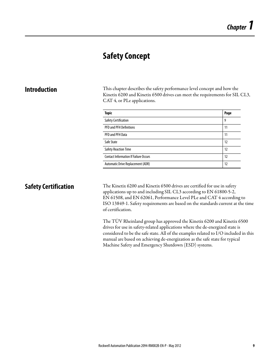 Chapter 1 - safety concept, Introduction, Safety certification | Chapter 1, Safety concept, Chapter | Rockwell Automation 2094-EN02D-M01-S0 Kinetix 6200 and Kinetix 6500 Safe Torque-off Safety Reference Manual User Manual | Page 9 / 42
