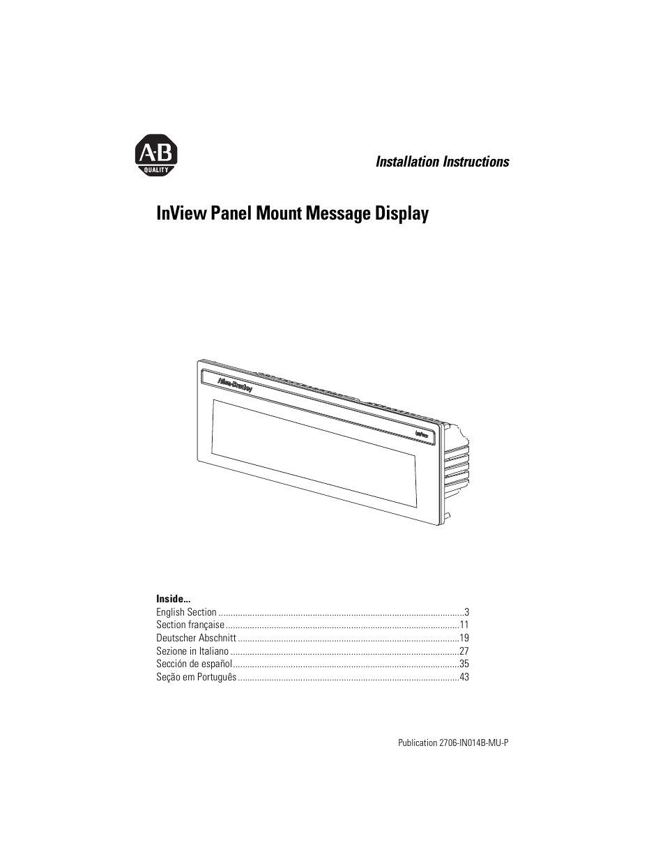Rockwell Automation 2706-P22R InView Panel Mount Message Display Installation Instructions User Manual | 52 pages