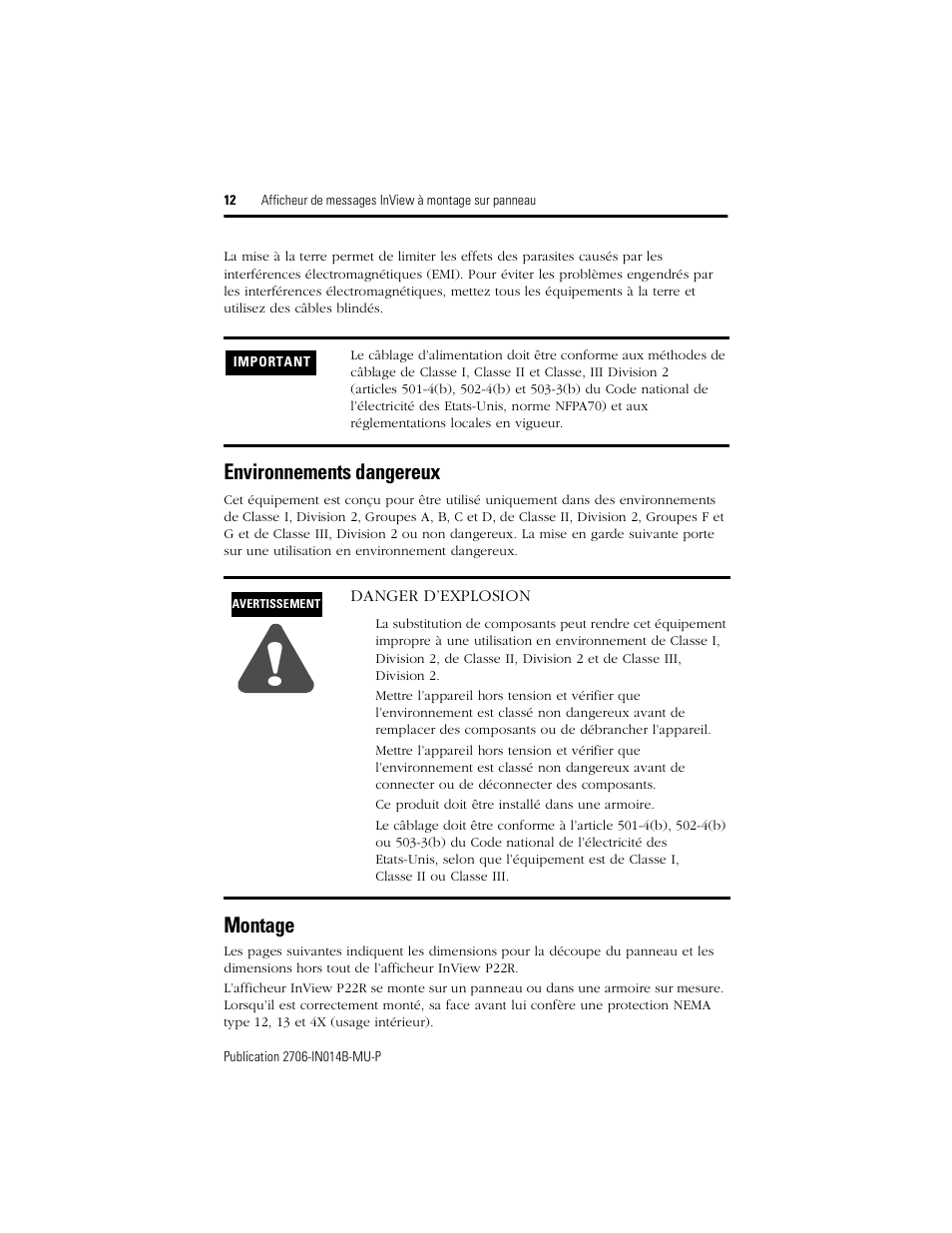 Environnements dangereux, Montage | Rockwell Automation 2706-P22R InView Panel Mount Message Display Installation Instructions User Manual | Page 12 / 52