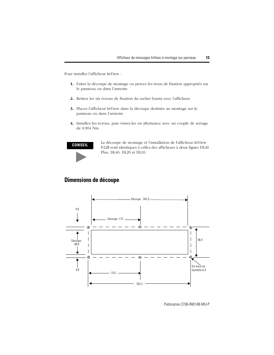 Dimensions de découpe | Rockwell Automation 2706-P22R InView Panel Mount Message Display Installation Instructions User Manual | Page 13 / 52