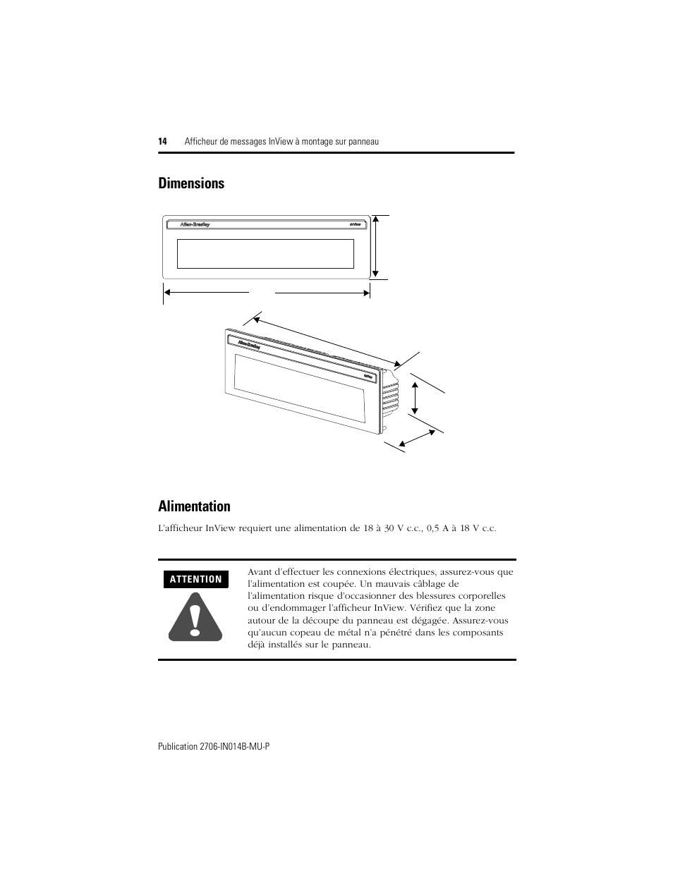 Dimensions, Alimentation, Dimensions alimentation | Rockwell Automation 2706-P22R InView Panel Mount Message Display Installation Instructions User Manual | Page 14 / 52