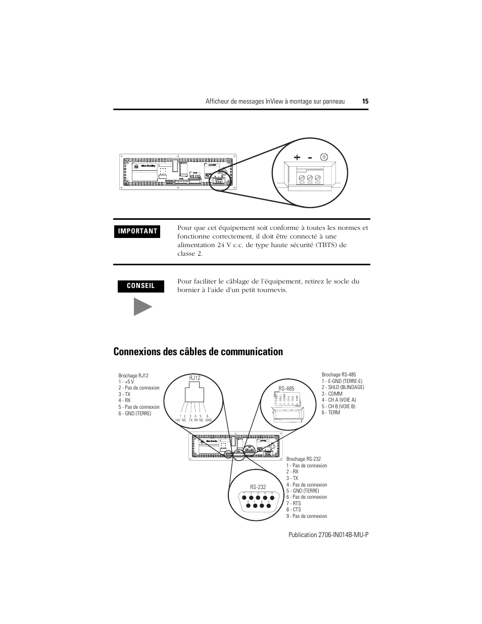 Connexions des câbles de communication | Rockwell Automation 2706-P22R InView Panel Mount Message Display Installation Instructions User Manual | Page 15 / 52